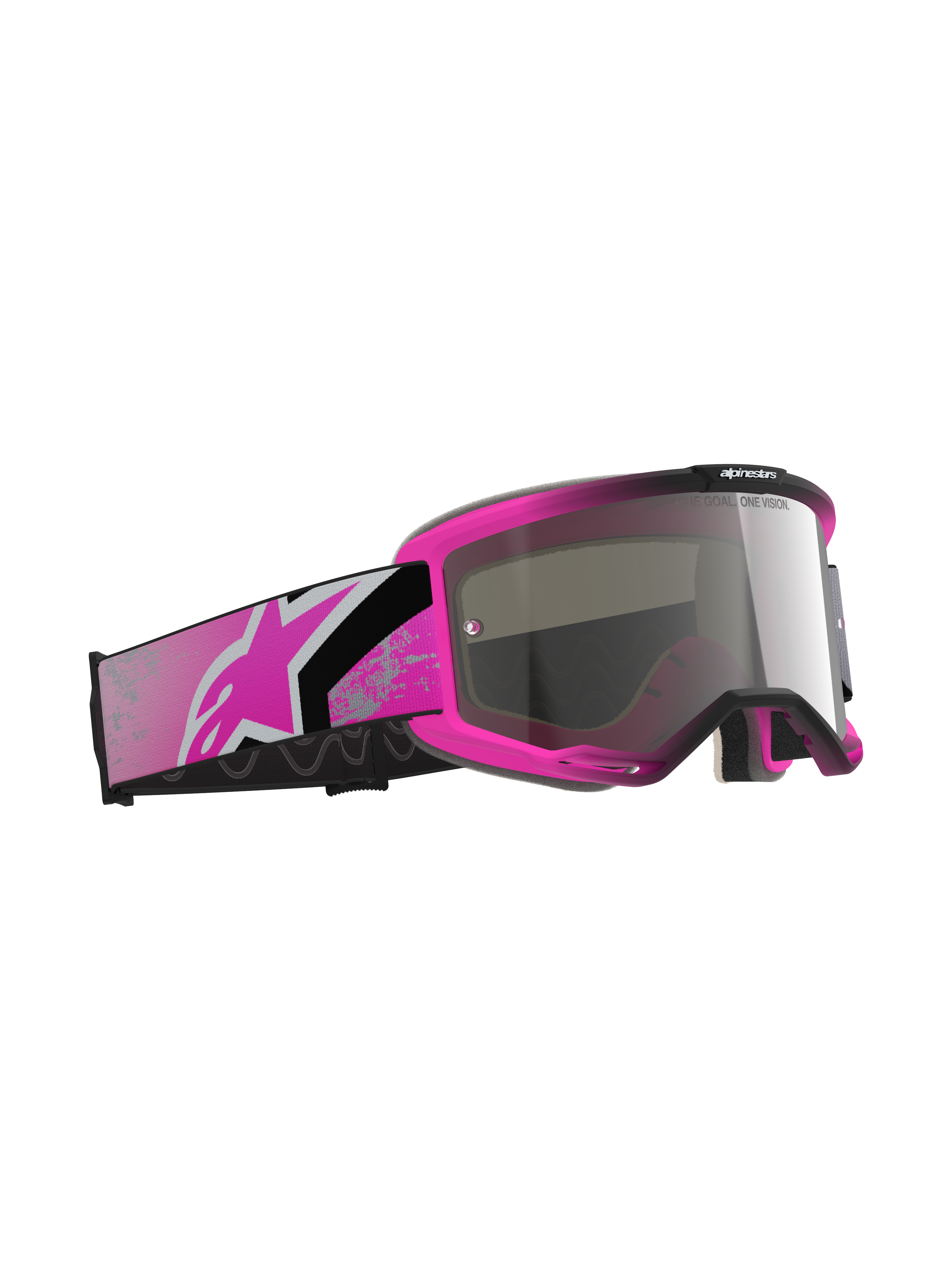 Maschera Alpinestars Vision 5 Lahnd, maschera da motocross, Iron Pink Fluo e Mirror Silver, montatura rosa acceso con lente argento specchiato, ampia fascia rosa e nera con logo Astars rosa, occhiali da corsa off-road
