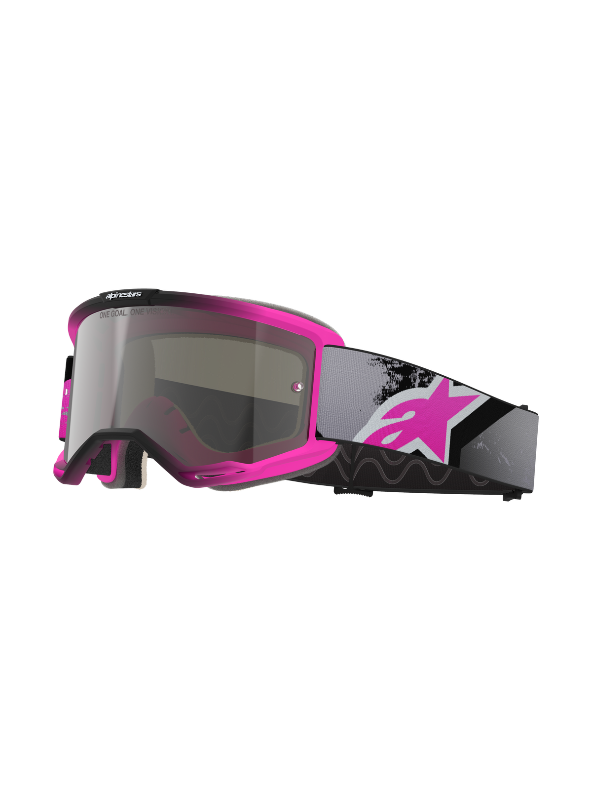 Alpinestars Vision 5 Lahnd Goggles, maschera da motocross, rosa fluo e nero, lente specchiata argento con scritta 'One Goal One Vision', cinturino regolabile grigio con grande logo rosa, montatura in uretano ventilata per prestazioni off-road