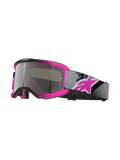 Alpinestars Vision 5 Lahnd Goggles, maschera da motocross, rosa fluo e nero, lente specchiata argento con scritta 'One Goal One Vision', cinturino regolabile grigio con grande logo rosa, montatura in uretano ventilata per prestazioni off-road