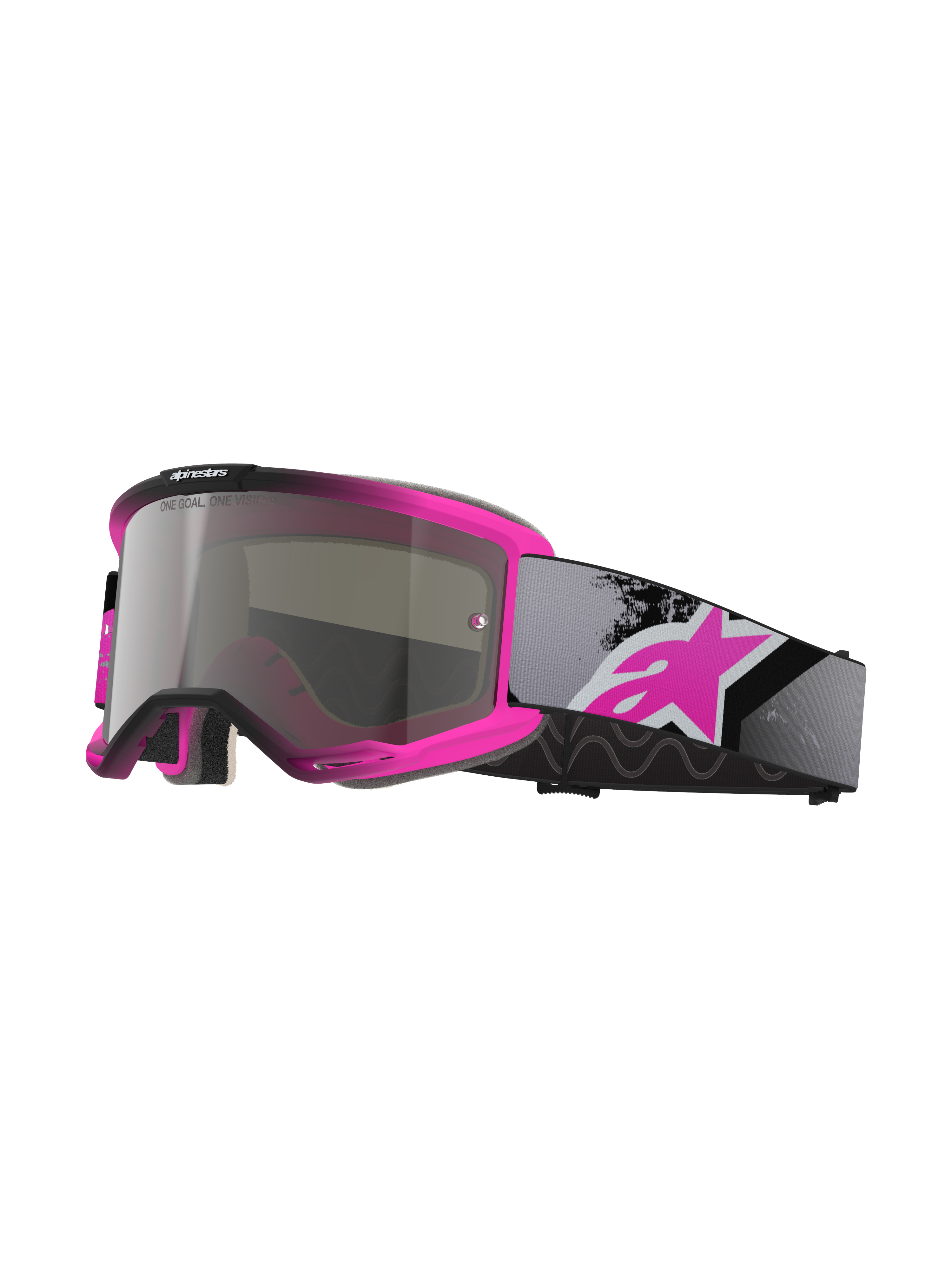 Alpinestars Vision 5 Lahnd Goggles, maschera da motocross, rosa fluo e nero, lente specchiata argento con scritta 'One Goal One Vision', cinturino regolabile grigio con grande logo rosa, montatura in uretano ventilata per prestazioni off-road