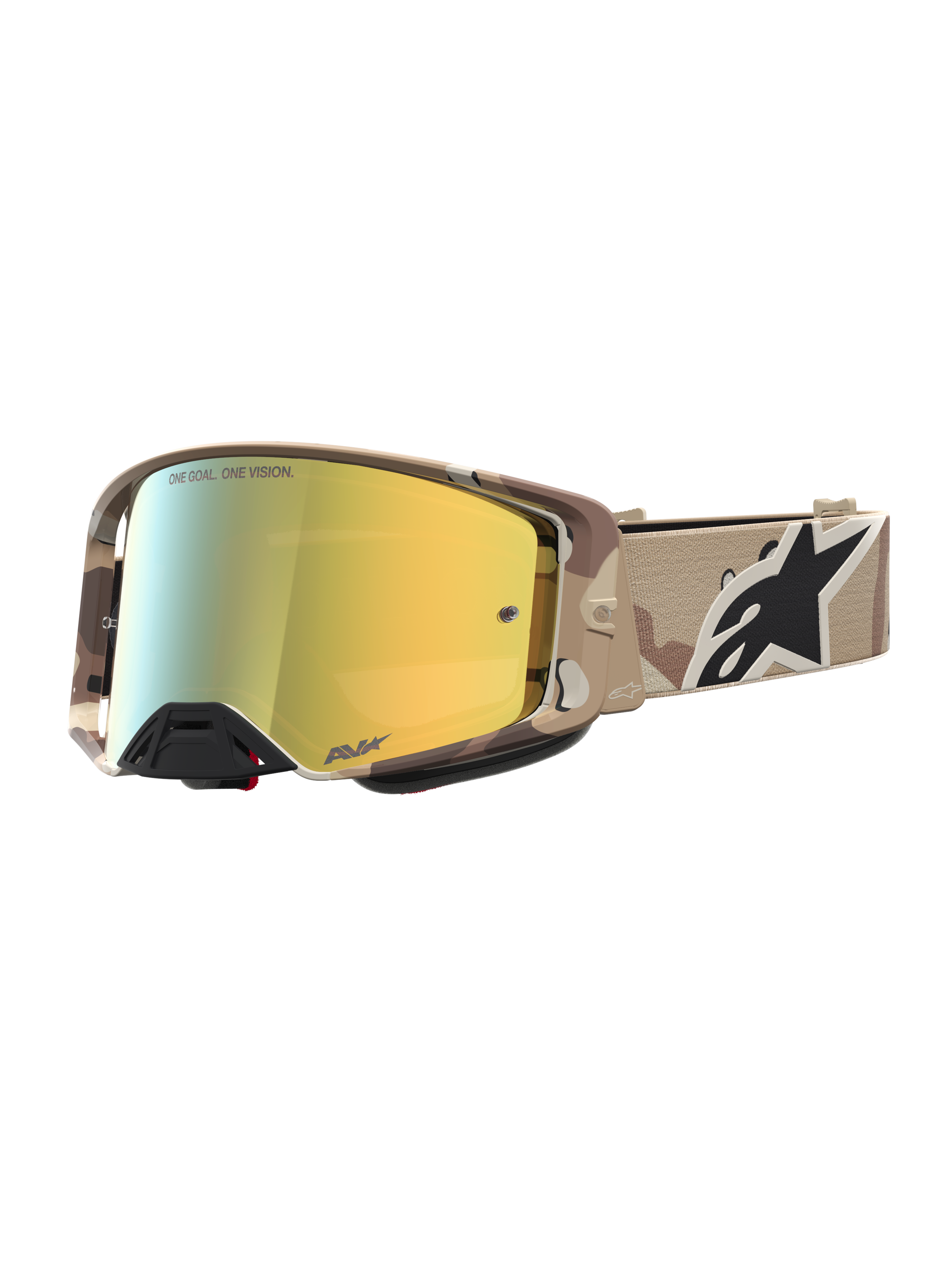 Alpinestars maschere Supertech Lone, maschere motocross oro a specchio e mimetico deserto, lenti premium e cinturino sicuro.