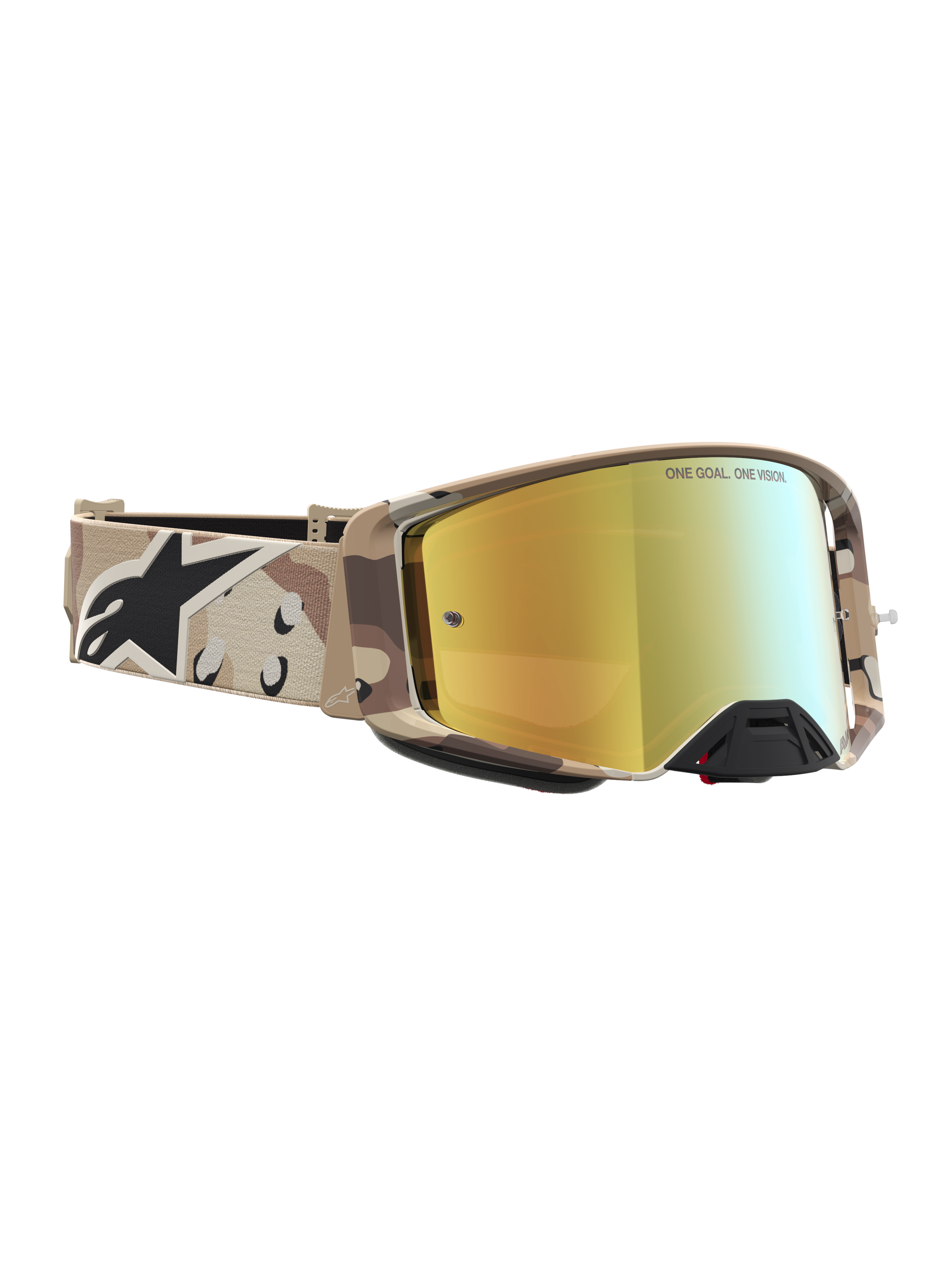 Alpinestars Maschere Supertech Lone, maschere da motocross e fuoristrada, motivo camouflage desert sabbia, lente a specchio dorata, design ad alte prestazioni per gare off-road.