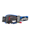 Alpinestars Supertech Stream Goggles, maschera da motocross, montatura blu con lente trasparente e sistemi roll-off integrati, dettagli interni rossi, fascia blu e nera con logo bianco, occhiali professionali per corse fuoristrada
