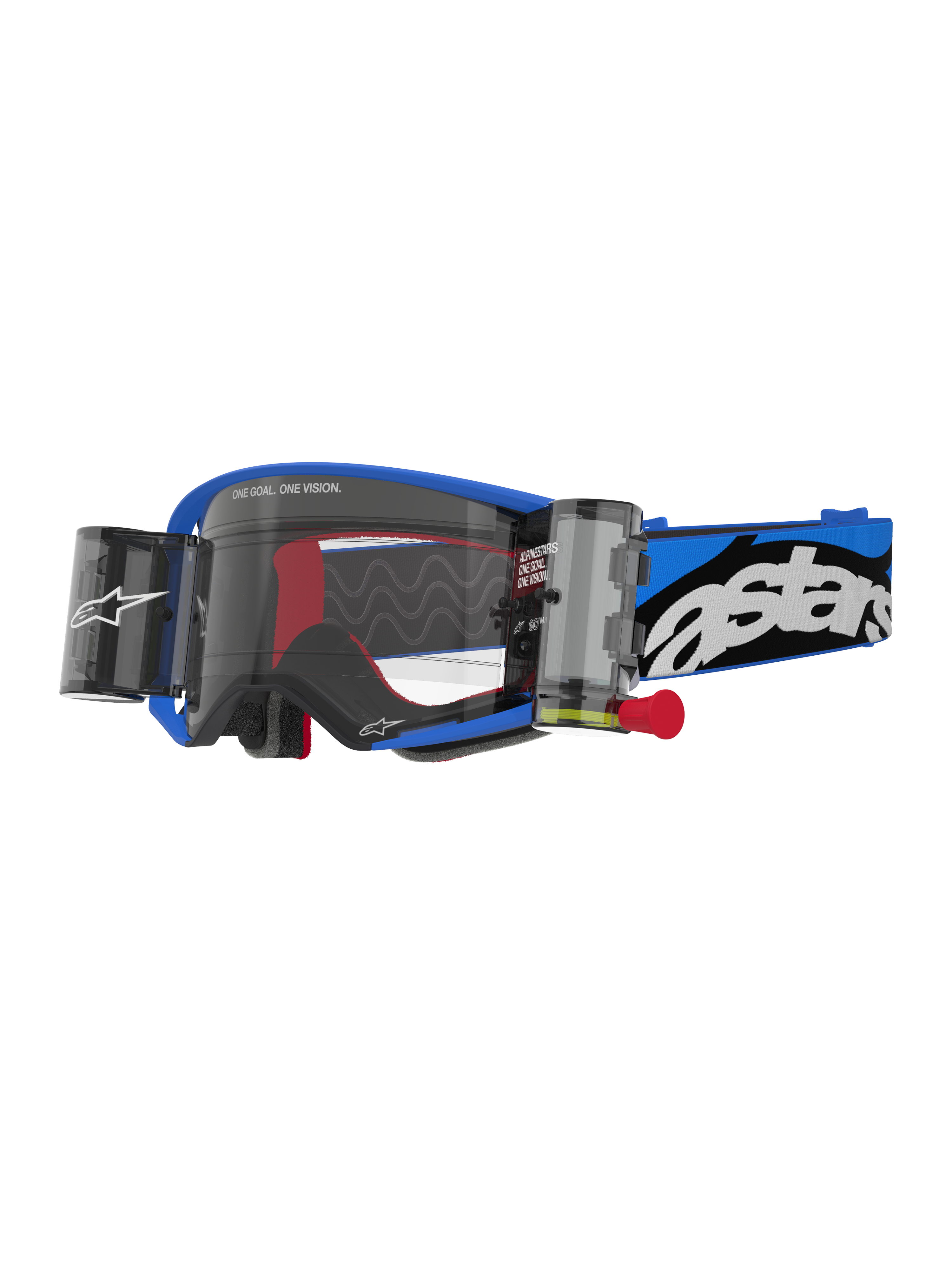 Alpinestars Supertech Stream Goggles, maschera da motocross, montatura blu con lente trasparente e sistemi roll-off integrati, dettagli interni rossi, fascia blu e nera con logo bianco, occhiali professionali per corse fuoristrada