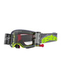 Alpinestars Supertech Stream Goggles, occhiali da motocross grigio e giallo fluo, con lente trasparente e sistema Roll-Off Wide Vision integrato, contenitori laterali con pomello di attivazione rosso, linee di scorrimento in silicone ondulate, cinturino grigio regolabile con grande logo astars giallo neon, protezione oculare ad alte prestazioni per il fuoristrada
