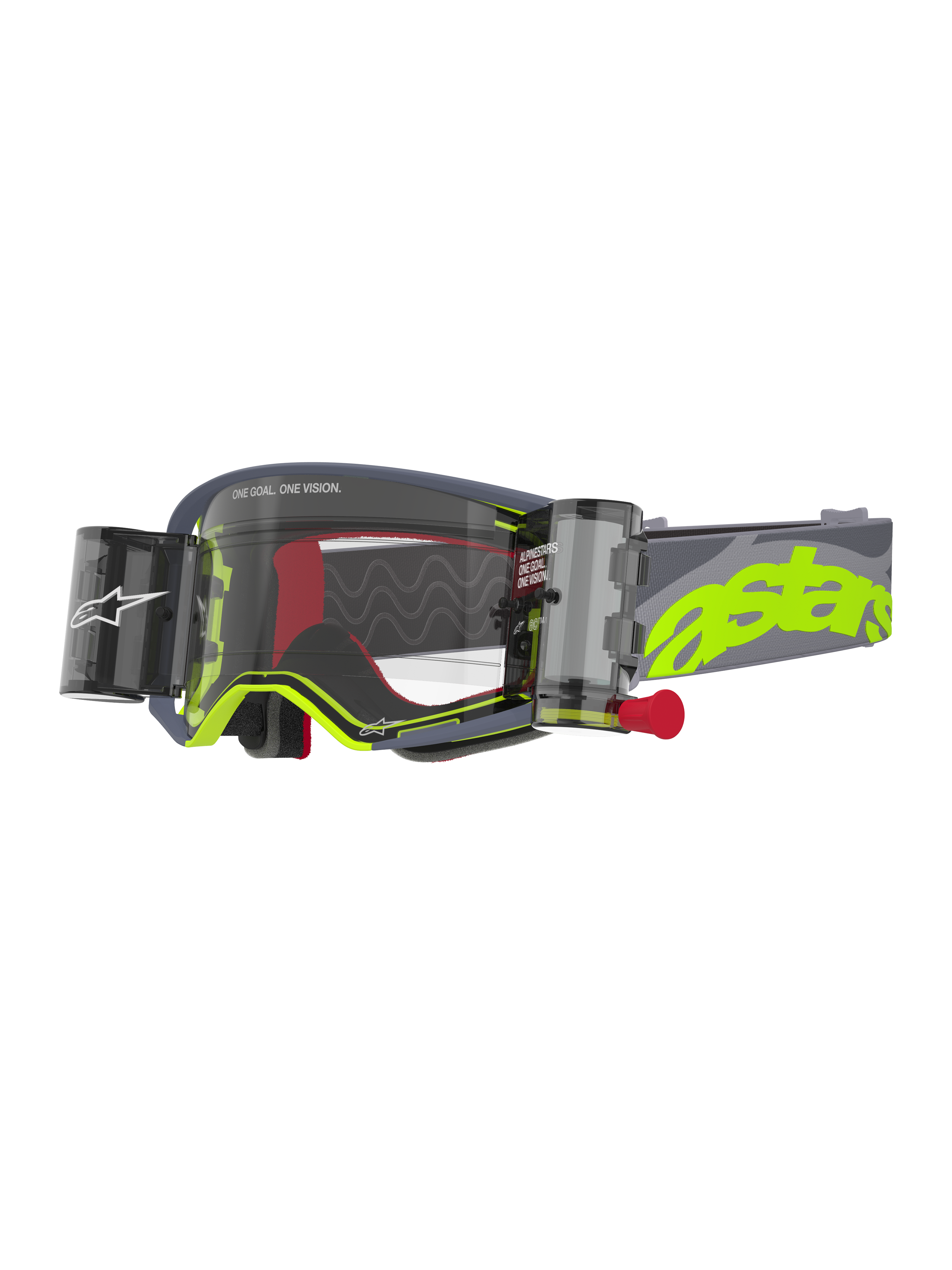 Alpinestars Supertech Stream Goggles, occhiali da motocross grigio e giallo fluo, con lente trasparente e sistema Roll-Off Wide Vision integrato, contenitori laterali con pomello di attivazione rosso, linee di scorrimento in silicone ondulate, cinturino grigio regolabile con grande logo astars giallo neon, protezione oculare ad alte prestazioni per il fuoristrada