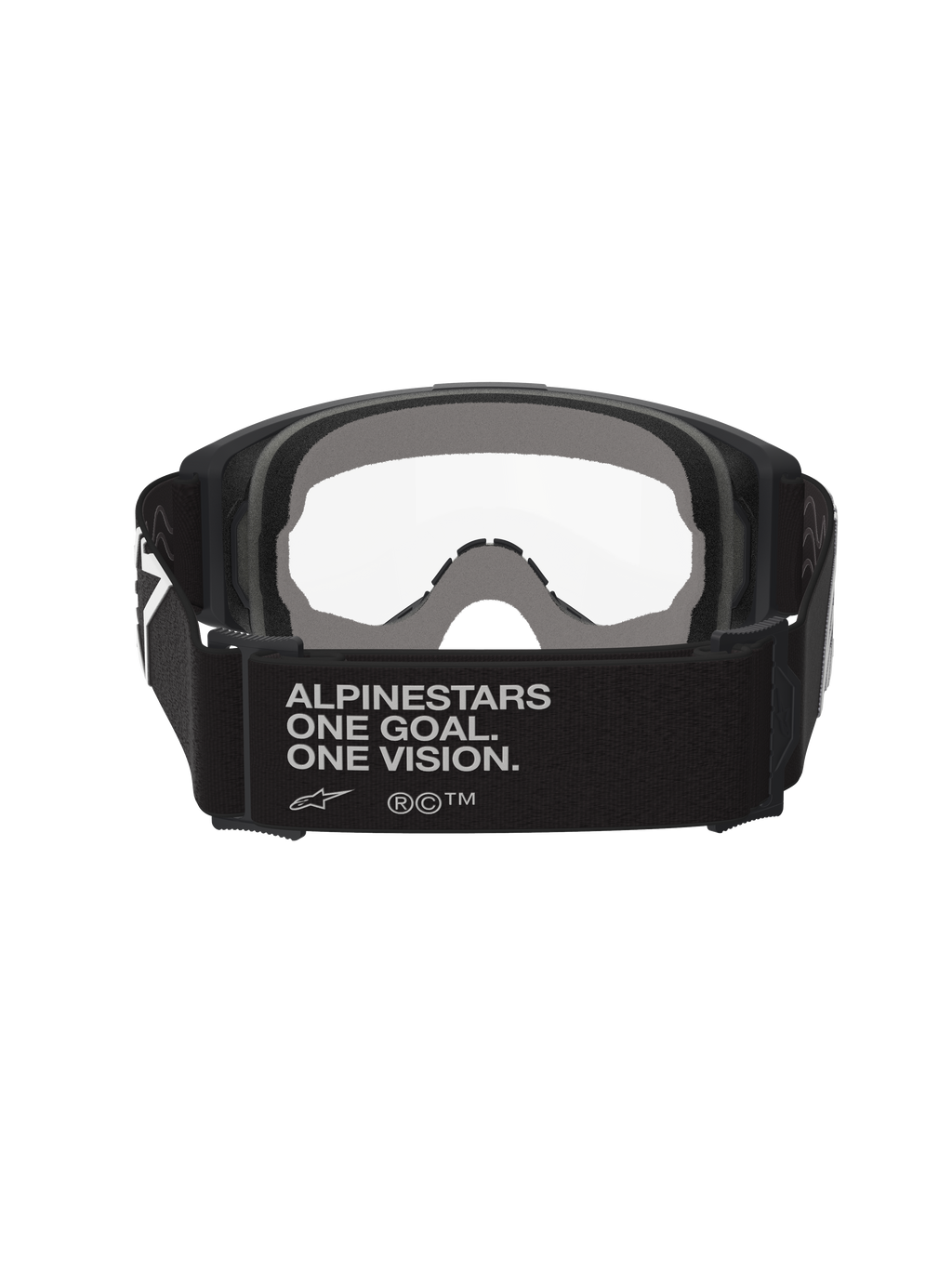 Alpinestars Vision OTG, maschere da motocross, nero e grigio, vista posteriore che mostra l'ampia fascia in tessuto nero con lo slogan del brand, imbottitura facciale multistrato grigia, lente trasparente, progettate per l'alloggiamento di occhiali da vista