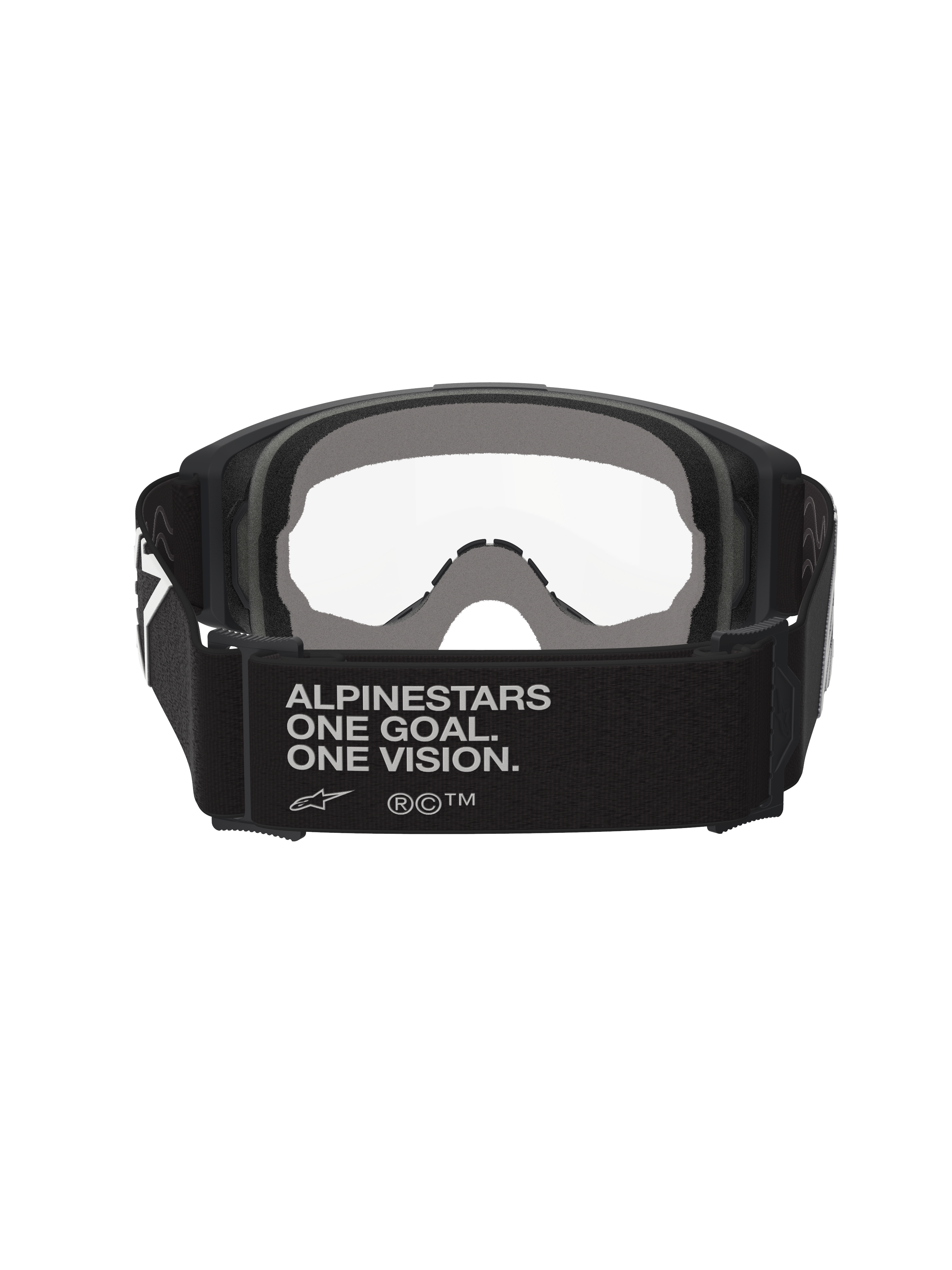 Alpinestars Vision OTG, maschere da motocross, nero e grigio, vista posteriore che mostra l'ampia fascia in tessuto nero con lo slogan del brand, imbottitura facciale multistrato grigia, lente trasparente, progettate per l'alloggiamento di occhiali da vista