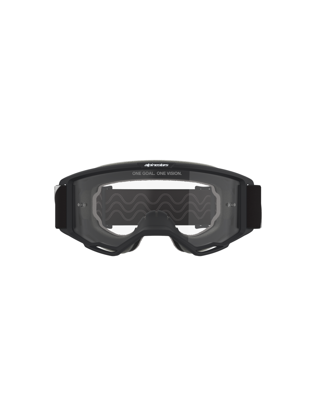 Maschere Alpinestars Vision OTG, maschere da motocross, montatura nera con lente trasparente, vista frontale con scritta 'ONE GOAL. ONE VISION.' e logo del brand, struttura a volume profondo per la compatibilità con occhiali da vista