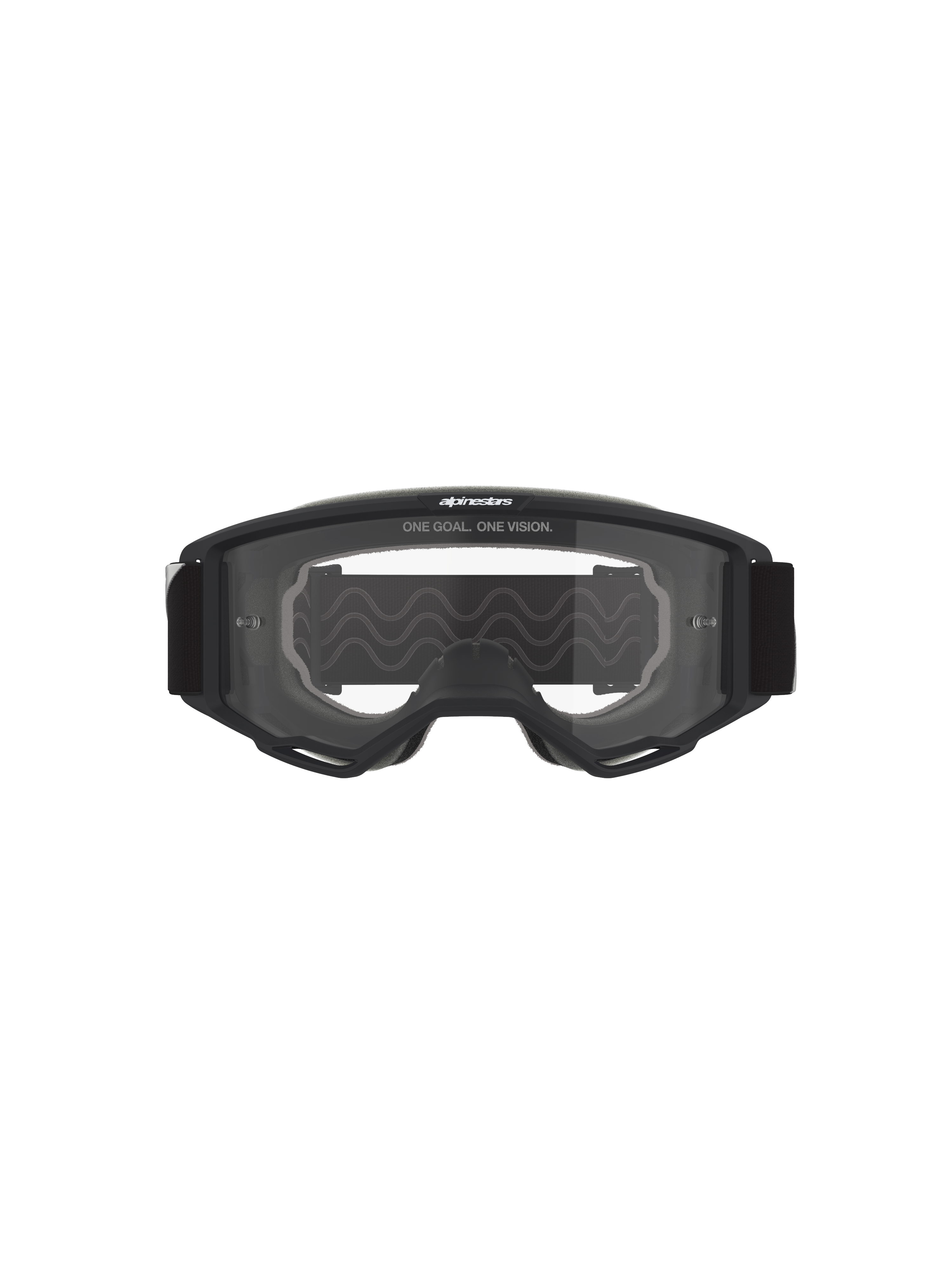 Maschere Alpinestars Vision OTG, maschere da motocross, montatura nera con lente trasparente, vista frontale con scritta 'ONE GOAL. ONE VISION.' e logo del brand, struttura a volume profondo per la compatibilità con occhiali da vista