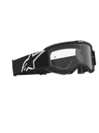 Alpinestars Vision Goggles OTG, maschere da motocross, nero e grigio con lente trasparente, montatura nera con ampia fascia dotata di logo Alpinestars bianco e motivo antiscivolo in silicone grigio, telaio a volume profondo progettato per occhiali da vista, lente antiappannamento con dettagli del brand.