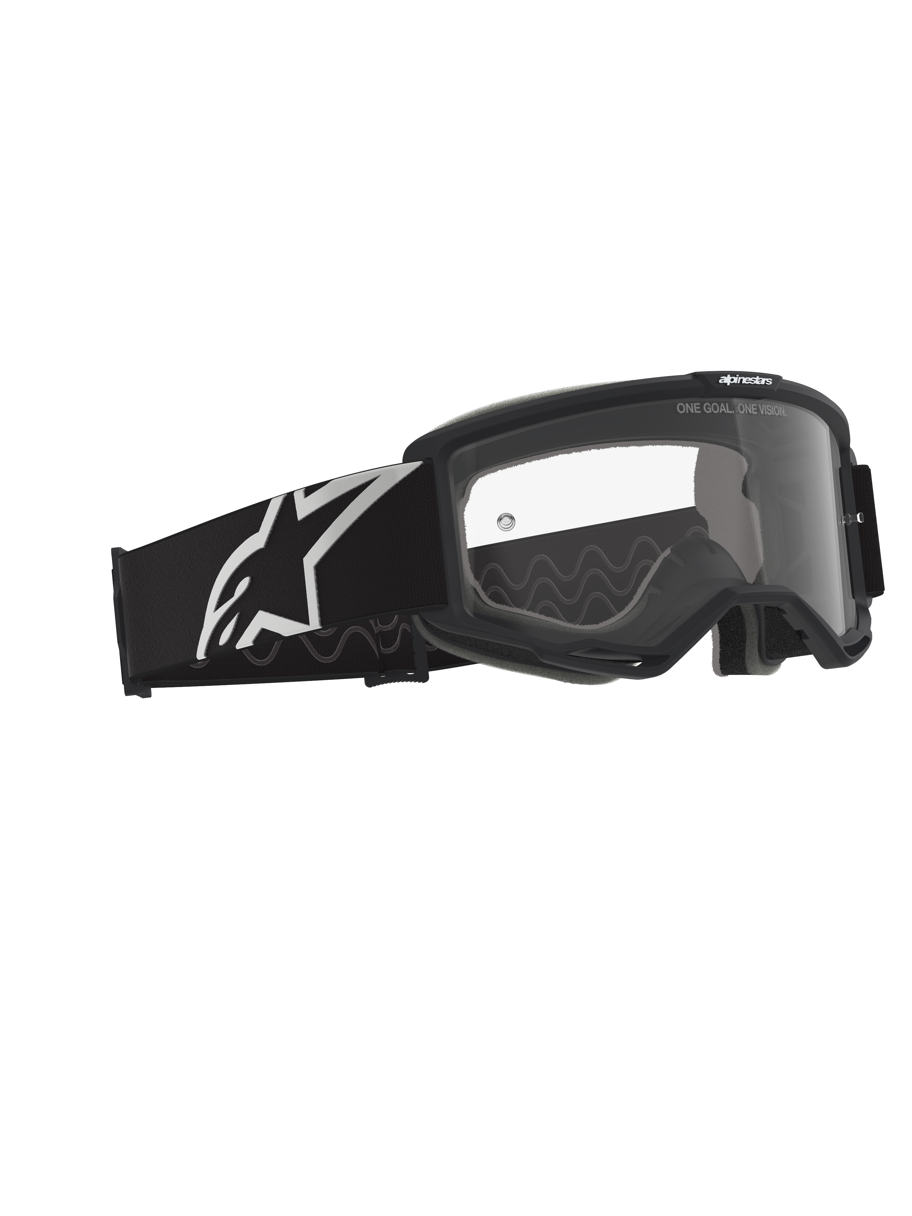 Alpinestars Vision Goggles OTG, maschere da motocross, nero e grigio con lente trasparente, montatura nera con ampia fascia dotata di logo Alpinestars bianco e motivo antiscivolo in silicone grigio, telaio a volume profondo progettato per occhiali da vista, lente antiappannamento con dettagli del brand.