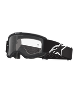 Maschere Alpinestars Vision OTG, maschere da motocross, nero e grigio con lente trasparente, ampia fascia in tessuto nero con logo Alpinestars bianco, telaio deep volume progettato per occhiali da vista, protezione oculare per la guida fuoristrada