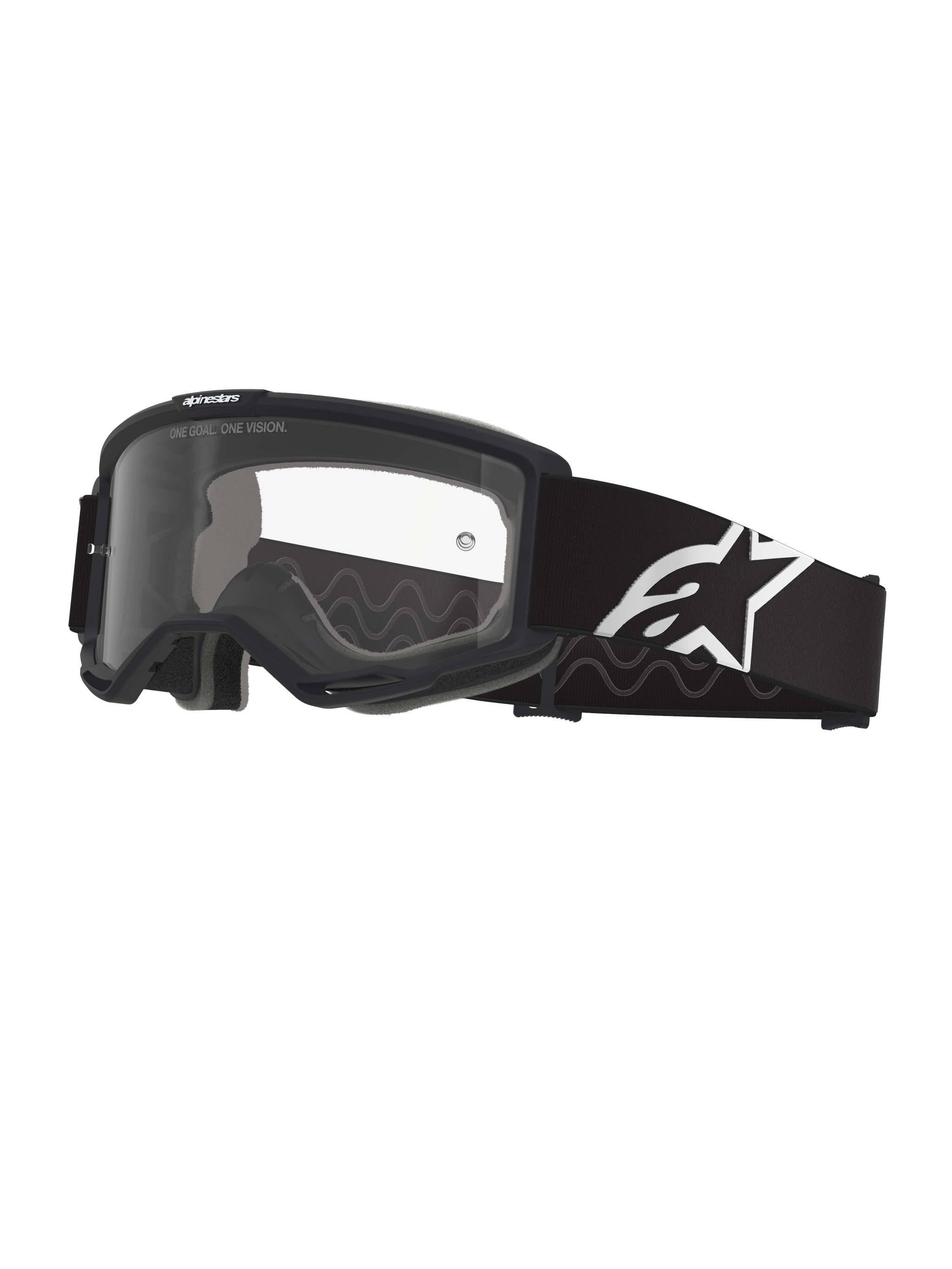 Maschere Alpinestars Vision OTG, maschere da motocross, nero e grigio con lente trasparente, ampia fascia in tessuto nero con logo Alpinestars bianco, telaio deep volume progettato per occhiali da vista, protezione oculare per la guida fuoristrada