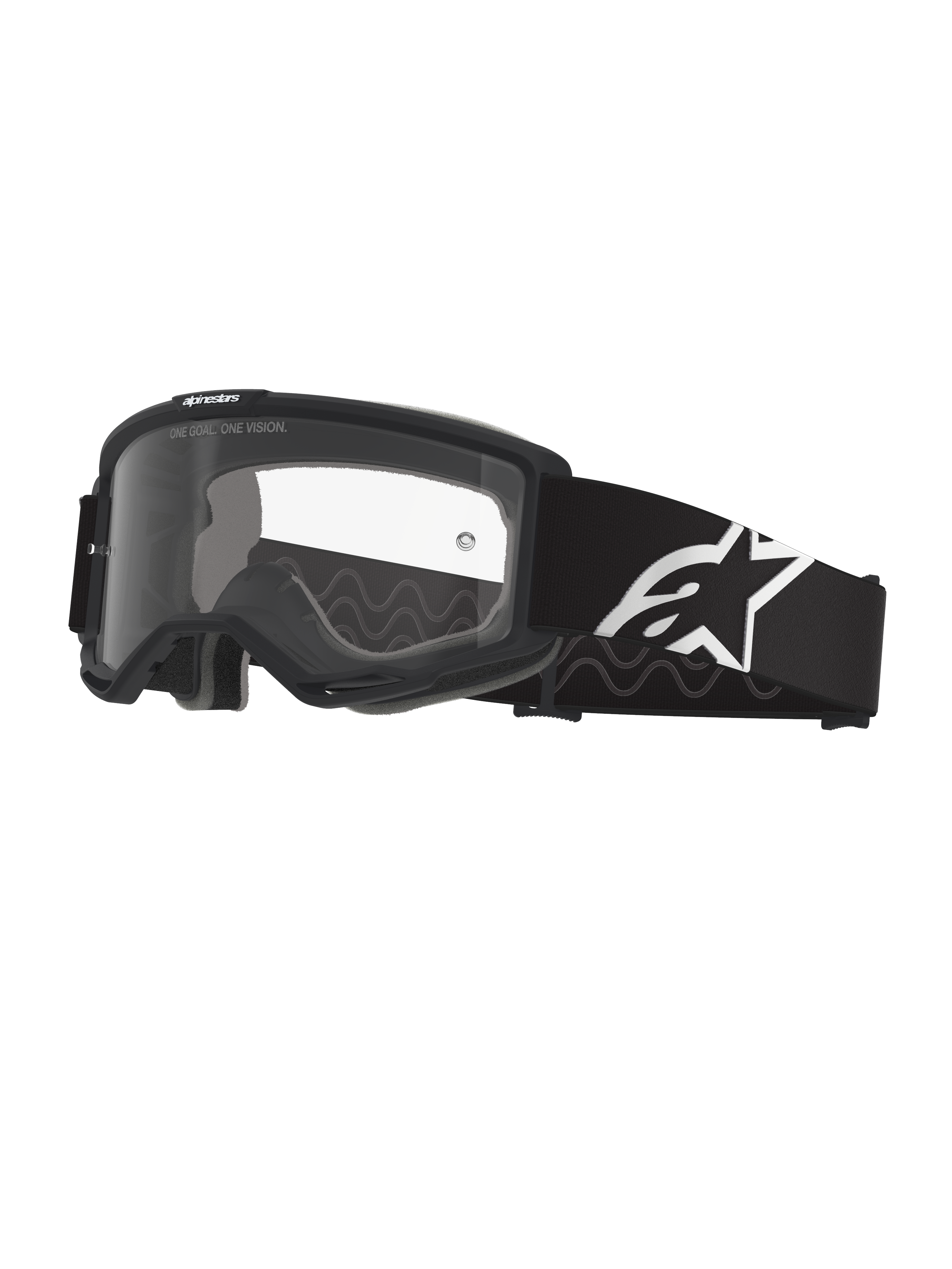 Maschere Alpinestars Vision OTG, maschere da motocross, nero e grigio con lente trasparente, ampia fascia in tessuto nero con logo Alpinestars bianco, telaio deep volume progettato per occhiali da vista, protezione oculare per la guida fuoristrada