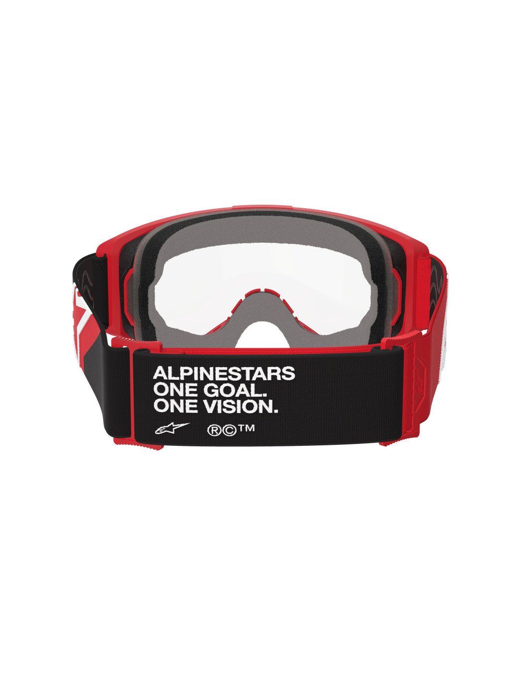 Maschera Alpinestars Vision OTG, maschera da motocross, rosso e nero con lente trasparente, vista posteriore con cinturino nero e testo 'ALPINESTARS ONE GOAL. ONE VISION.', spessa schiuma facciale multistrato e telaio flessibile rosso per l'uso sopra gli occhiali