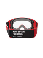 Maschera Alpinestars Vision OTG, maschera da motocross, rosso e nero con lente trasparente, vista posteriore con cinturino nero e testo 'ALPINESTARS ONE GOAL. ONE VISION.', spessa schiuma facciale multistrato e telaio flessibile rosso per l'uso sopra gli occhiali