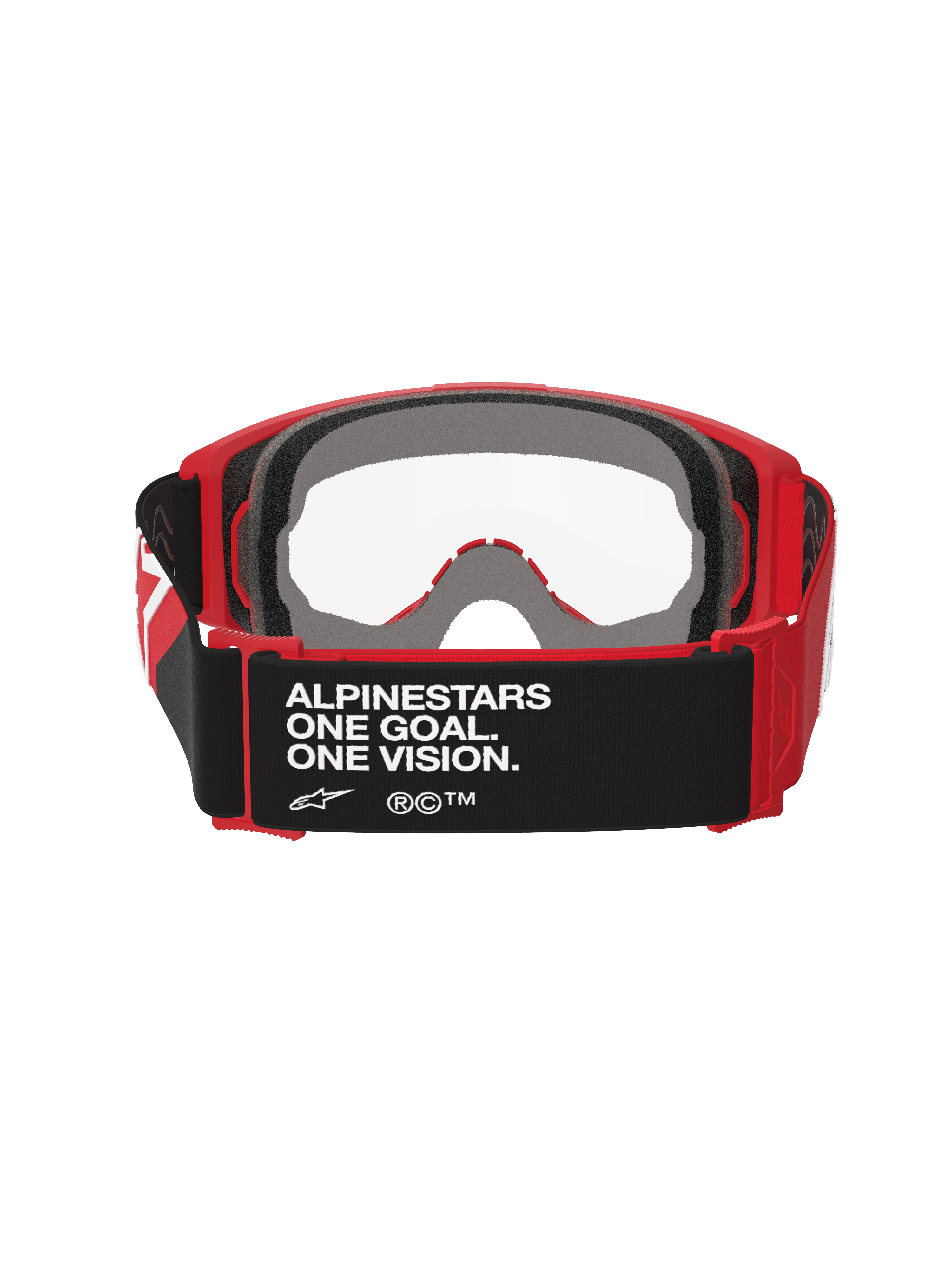 Maschera Alpinestars Vision OTG, maschera da motocross, rosso e nero con lente trasparente, vista posteriore con cinturino nero e testo 'ALPINESTARS ONE GOAL. ONE VISION.', spessa schiuma facciale multistrato e telaio flessibile rosso per l'uso sopra gli occhiali