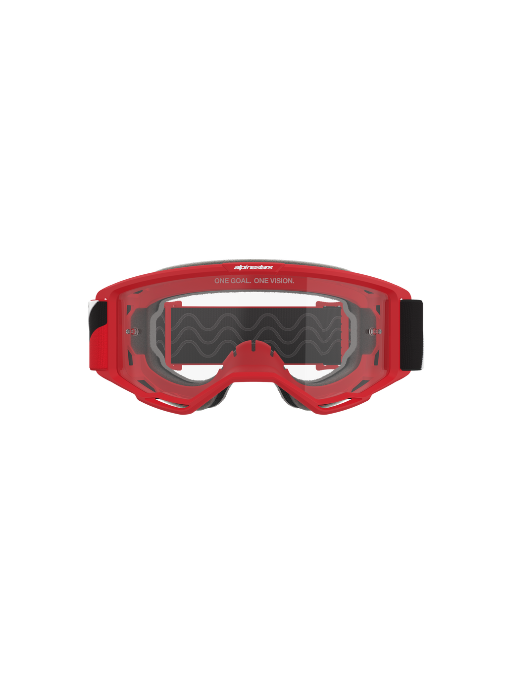 Maschera Alpinestars Vision OTG, maschera da motocross, montatura rossa con lente trasparente antiappannamento, vista frontale con slogan 'ONE GOAL. ONE VISION.', ampia fascia nera, protezione oculare ad alte prestazioni per il fuoristrada