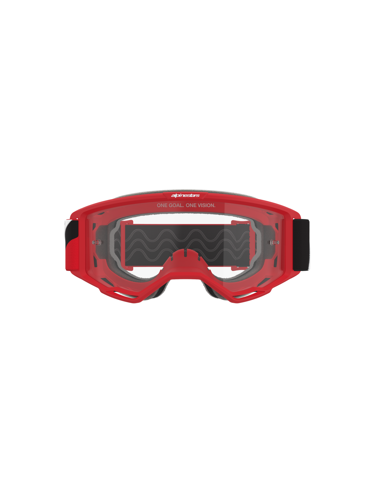Maschera Alpinestars Vision OTG, maschera da motocross, montatura rossa con lente trasparente antiappannamento, vista frontale con slogan 'ONE GOAL. ONE VISION.', ampia fascia nera, protezione oculare ad alte prestazioni per il fuoristrada