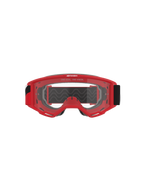 Maschera Alpinestars Vision OTG, maschera da motocross, montatura rossa con lente trasparente antiappannamento, vista frontale con slogan 'ONE GOAL. ONE VISION.', ampia fascia nera, protezione oculare ad alte prestazioni per il fuoristrada
