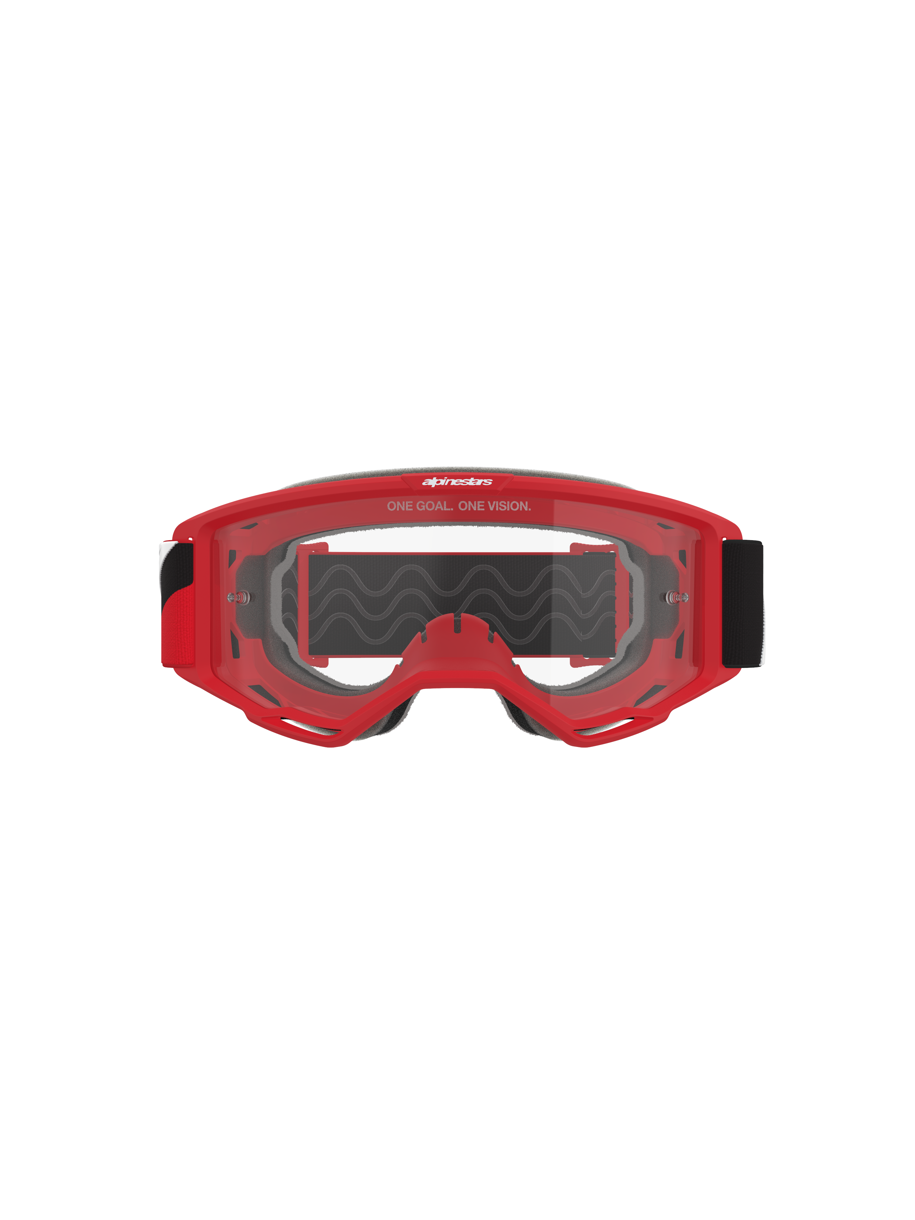 Maschera Alpinestars Vision OTG, maschera da motocross, montatura rossa con lente trasparente antiappannamento, vista frontale con slogan 'ONE GOAL. ONE VISION.', ampia fascia nera, protezione oculare ad alte prestazioni per il fuoristrada