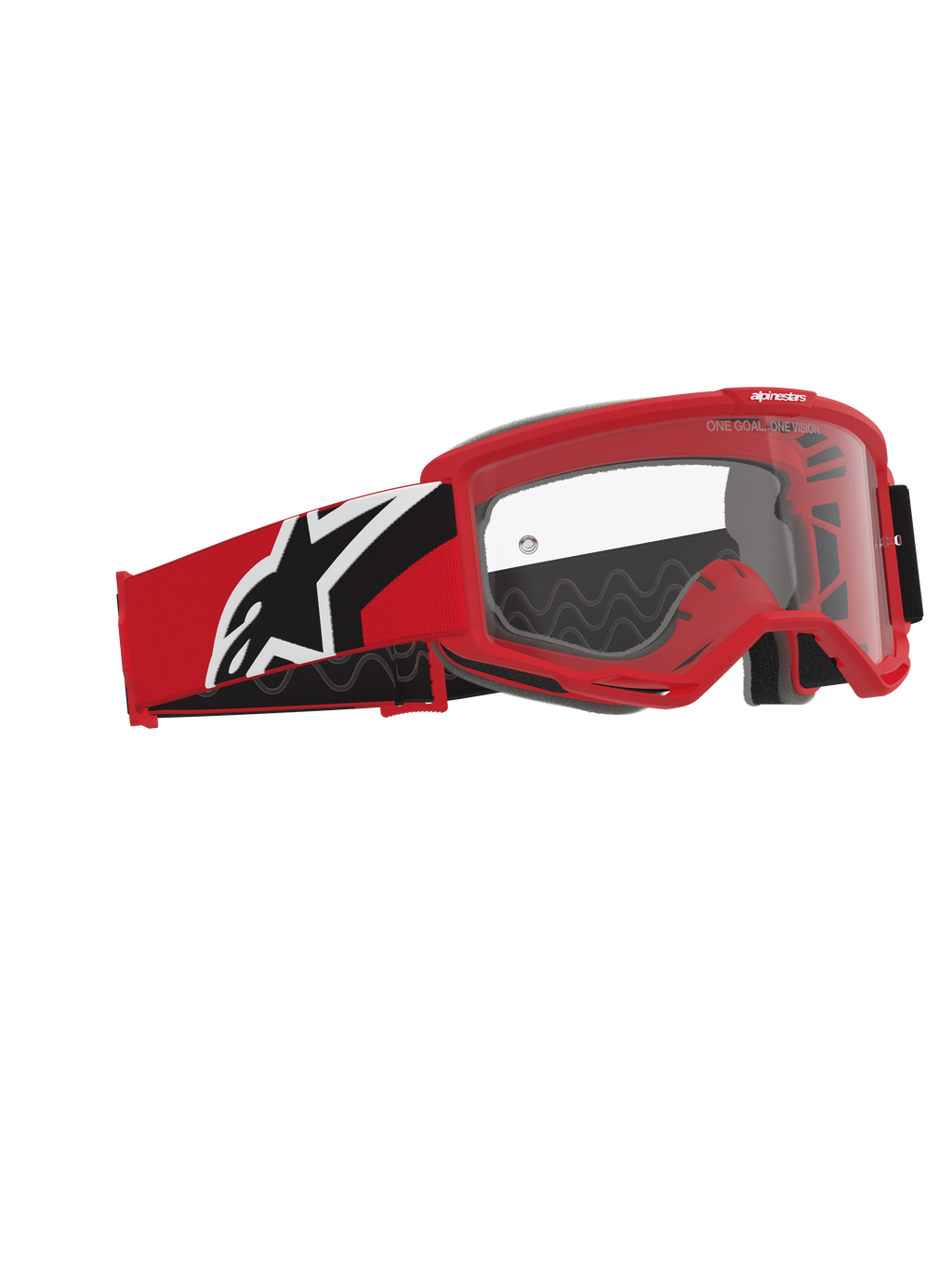 Maschera Alpinestars Vision OTG, maschera da motocross, rosso, nero e bianco, lente in policarbonato trasparente, montatura deep volume progettata per occhiali da vista, cinturino rosso e nero con logo Alpinestars bianco