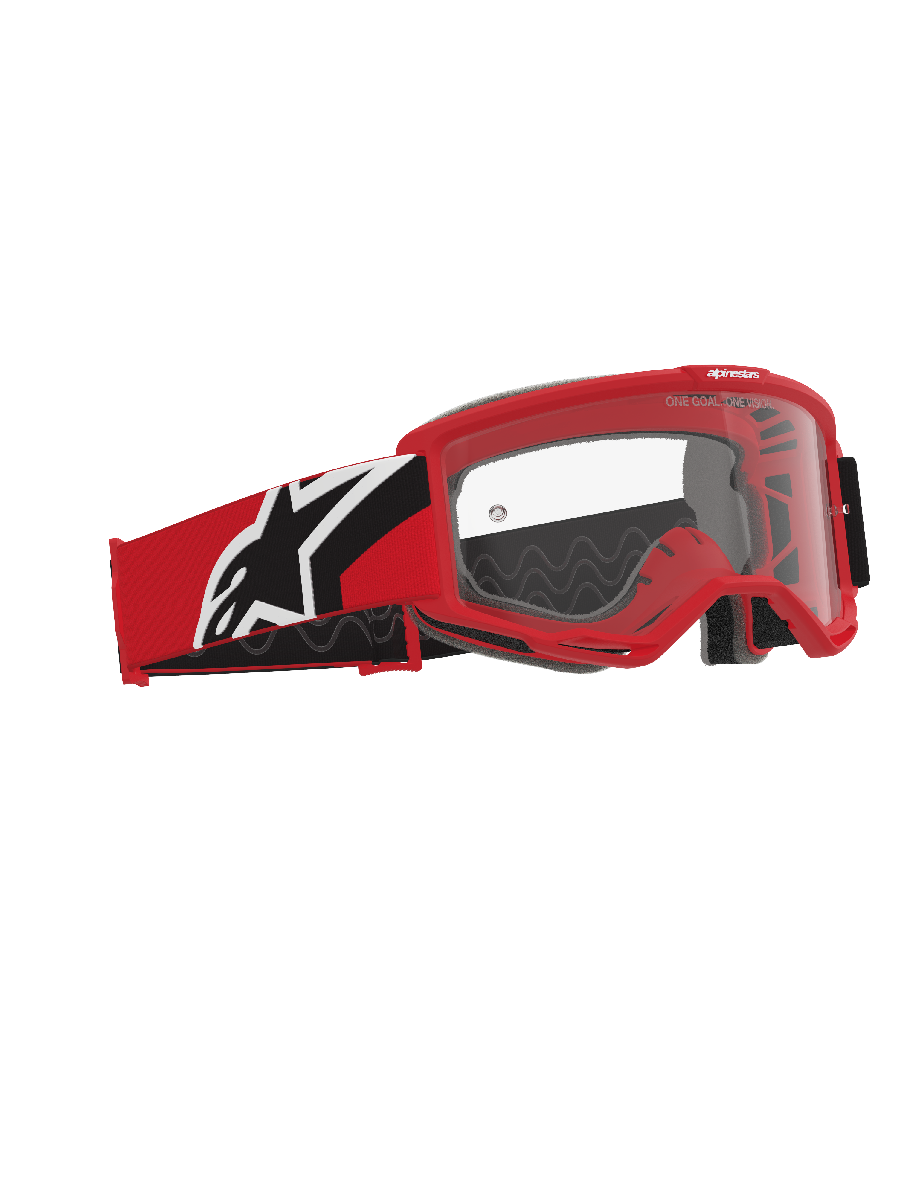 Maschera Alpinestars Vision OTG, maschera da motocross, rosso, nero e bianco, lente in policarbonato trasparente, montatura deep volume progettata per occhiali da vista, cinturino rosso e nero con logo Alpinestars bianco
