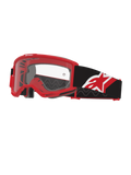 Alpinestars Vision Goggles OTG, maschere da motocross, rosso, nero e bianco con lente trasparente, design over-the-glasses con telaio rosso "deep volume", ampio cinturino nero con logo a stella rosso e bianco, ventilazione ad alto flusso d'aria per corse fuoristrada