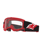 Alpinestars Vision Goggles OTG, maschere da motocross, rosso, nero e bianco con lente trasparente, design over-the-glasses con telaio rosso "deep volume", ampio cinturino nero con logo a stella rosso e bianco, ventilazione ad alto flusso d'aria per corse fuoristrada