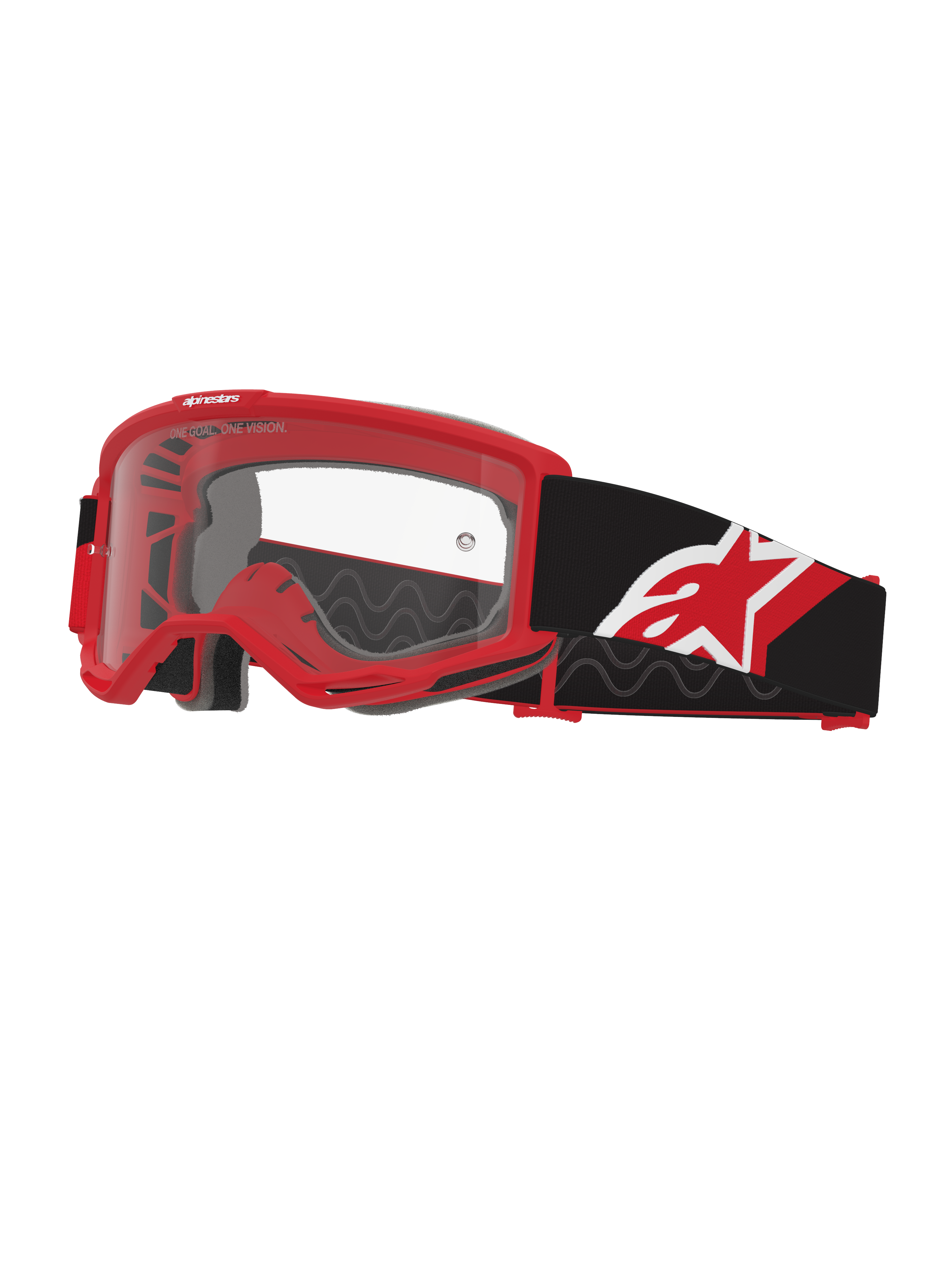 Alpinestars Vision Goggles OTG, maschere da motocross, rosso, nero e bianco con lente trasparente, design over-the-glasses con telaio rosso "deep volume", ampio cinturino nero con logo a stella rosso e bianco, ventilazione ad alto flusso d'aria per corse fuoristrada