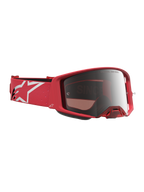 Alpinestars Maschere Supertech Vesta, maschere da motocross racing, rosso fluo e argento a specchio, cinturino con logo a stella bianco, lenti ad alta chiarezza per competizioni fuoristrada.