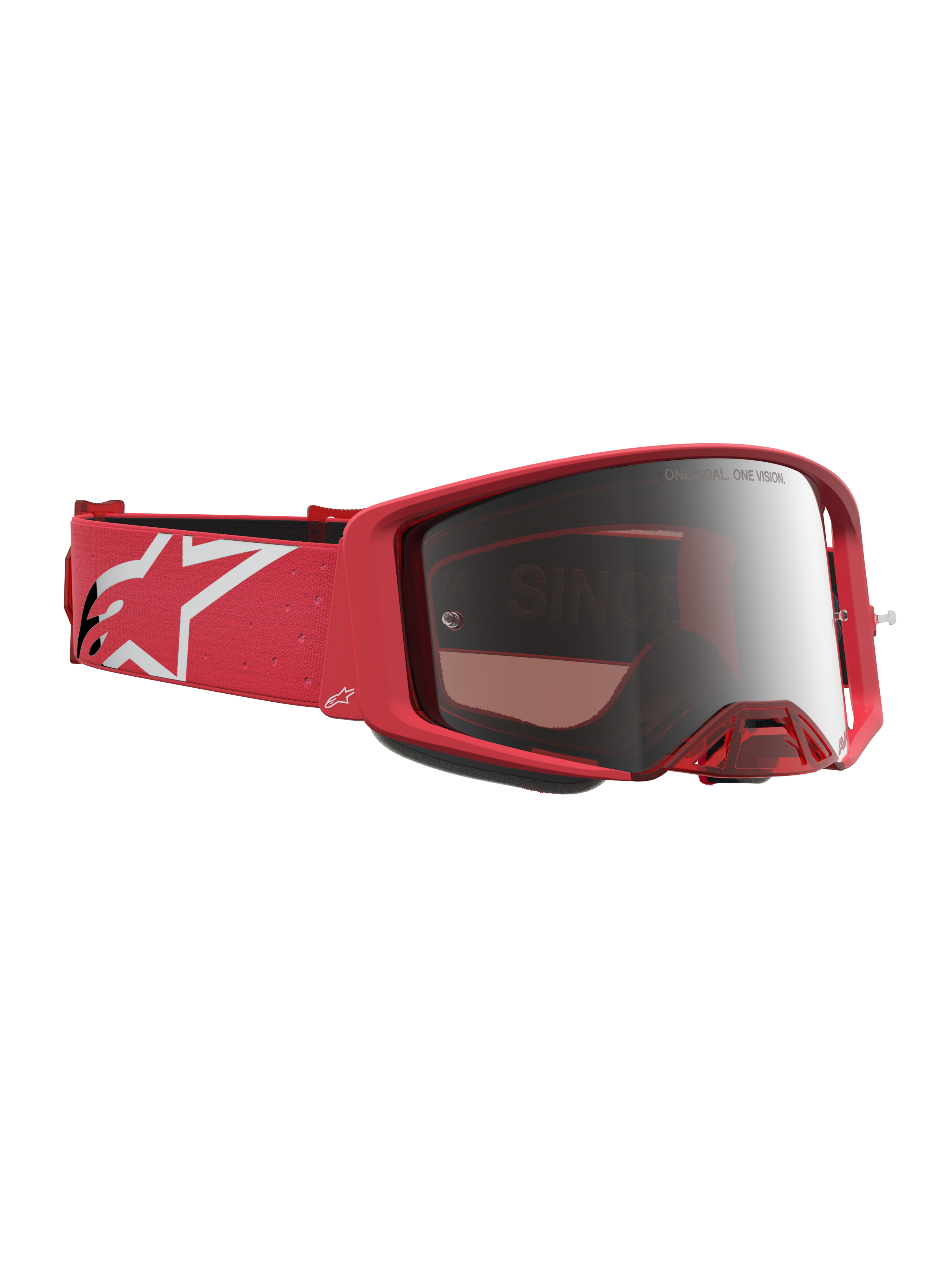Alpinestars Maschere Supertech Vesta, maschere da motocross racing, rosso fluo e argento a specchio, cinturino con logo a stella bianco, lenti ad alta chiarezza per competizioni fuoristrada.