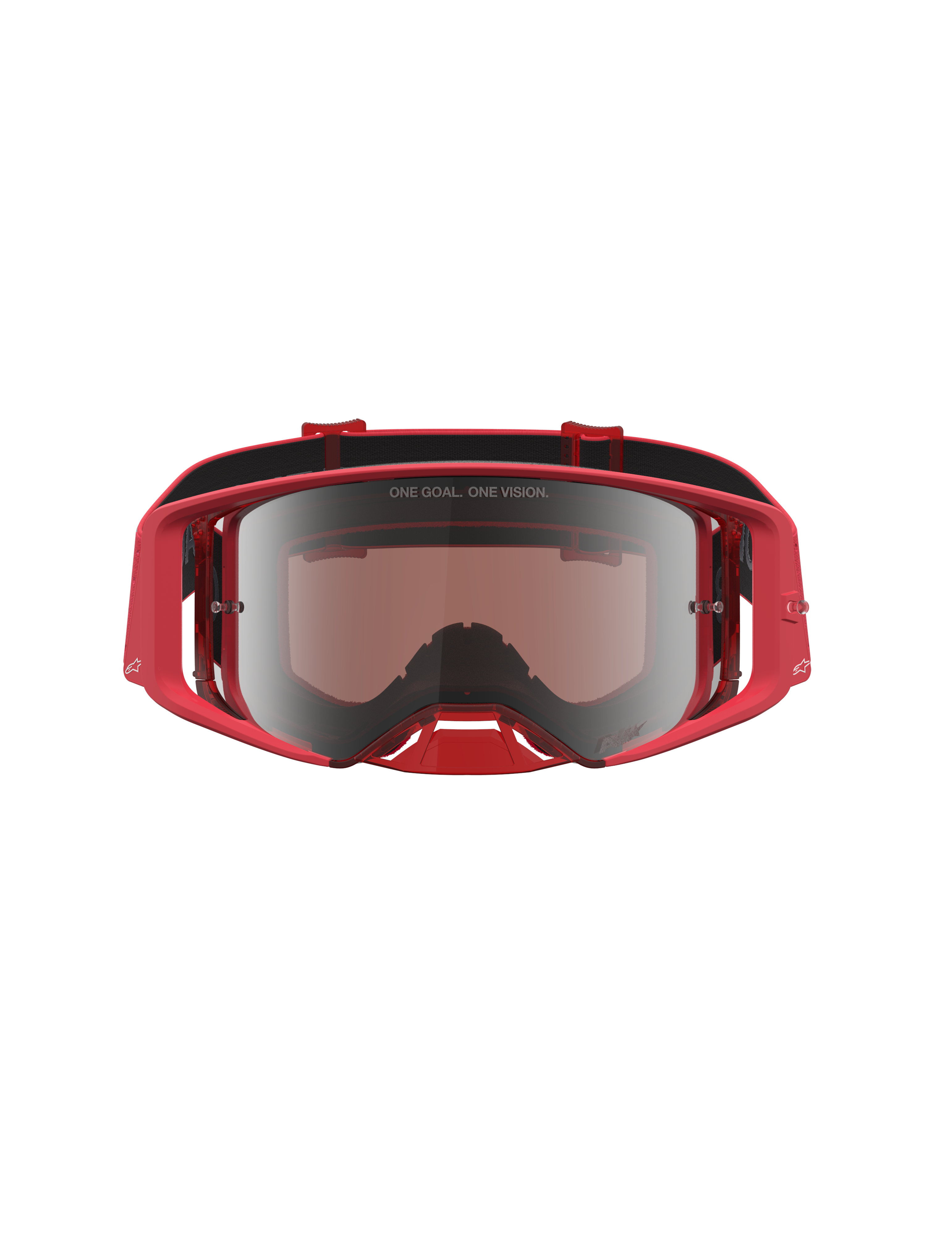 Alpinestars Maschere Supertech Vesta, maschere da motocross per uomo, rosso fluo e argento, lente specchiata cromata con scritta 'One Goal. One Vision.', design per competizioni fuoristrada