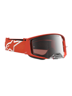 Alpinestars maschere Supertech Vesta, occhiali da motocross arancione con lente a specchio argento e fascia con logo bianco.