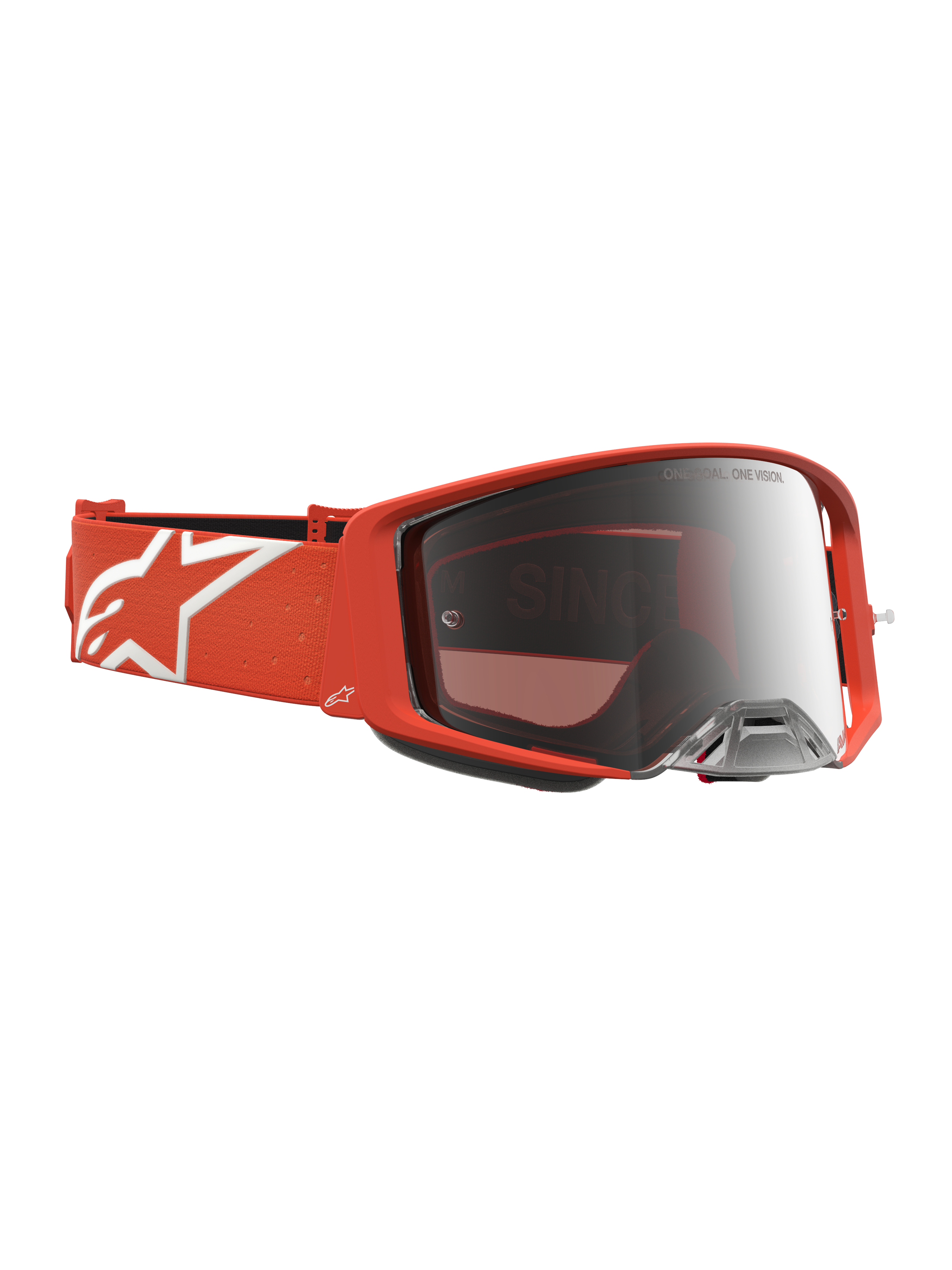 Alpinestars maschere Supertech Vesta, occhiali da motocross arancione con lente a specchio argento e fascia con logo bianco.