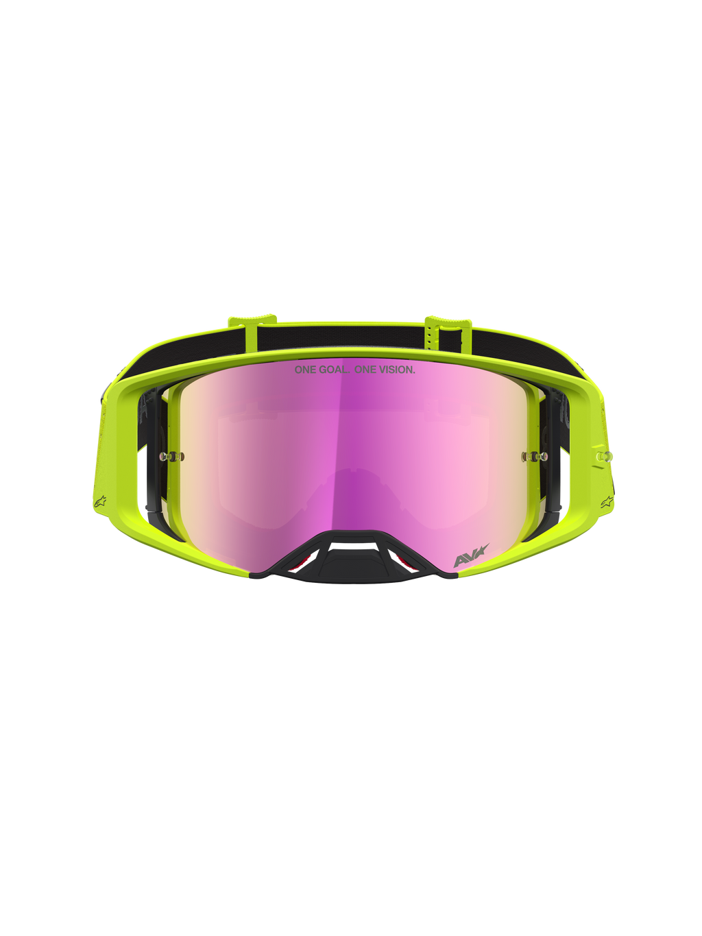 Alpinestars Supertech Vesta, maschere da motocross giallo fluo con lenti rosa a specchio, visione fuoristrada nitida.