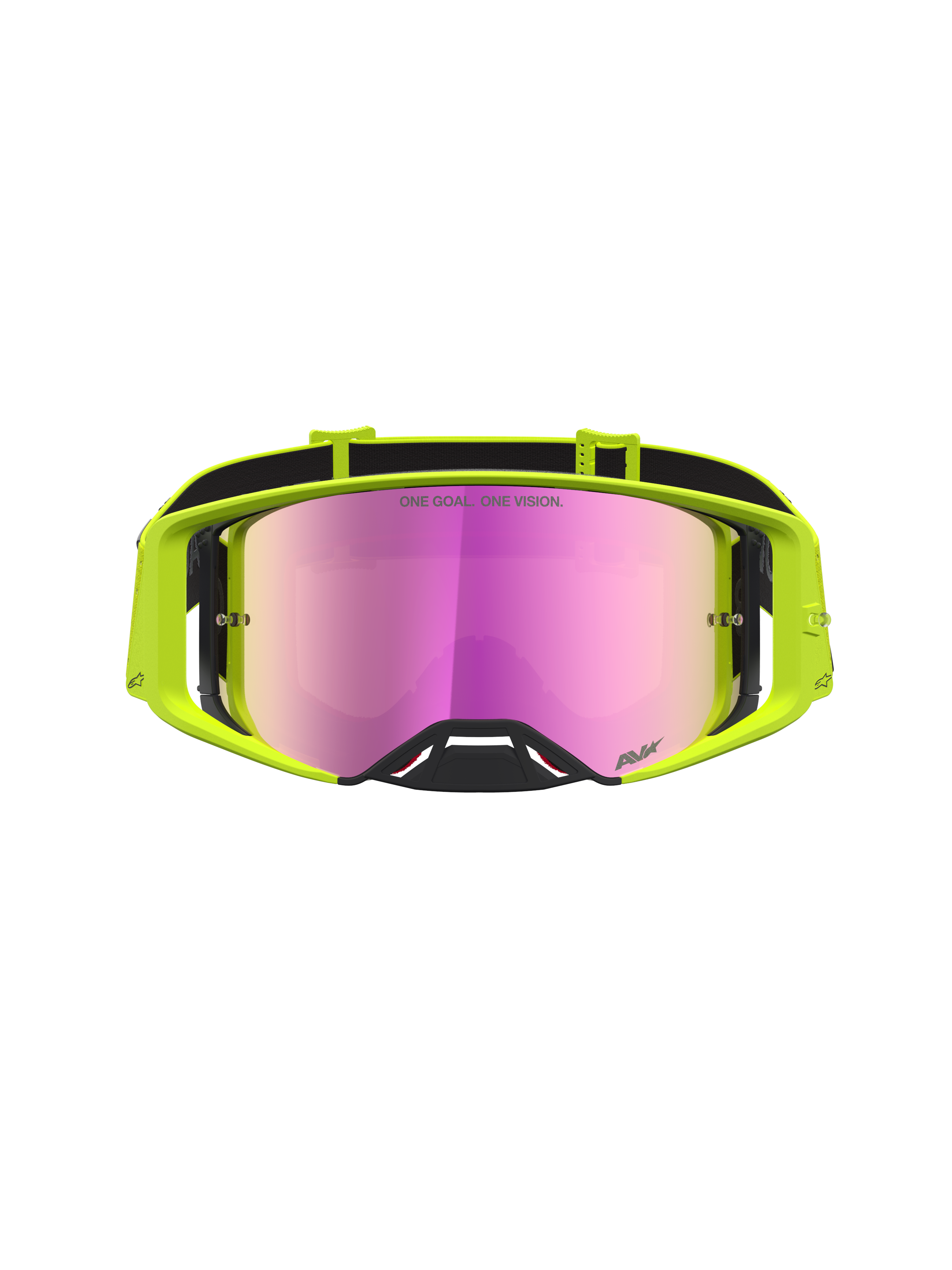 Alpinestars Supertech Vesta, maschere da motocross giallo fluo con lenti rosa a specchio, visione fuoristrada nitida.