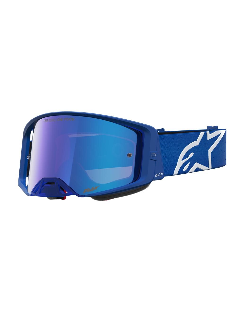 Alpinestars Maschere Supertech Vesta, maschere da motocross blu e bianche con lente blu specchiata e cinturino regolabile.