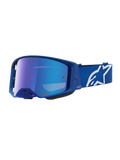 Alpinestars Maschere Supertech Vesta, maschere da motocross blu e bianche con lente blu specchiata e cinturino regolabile.