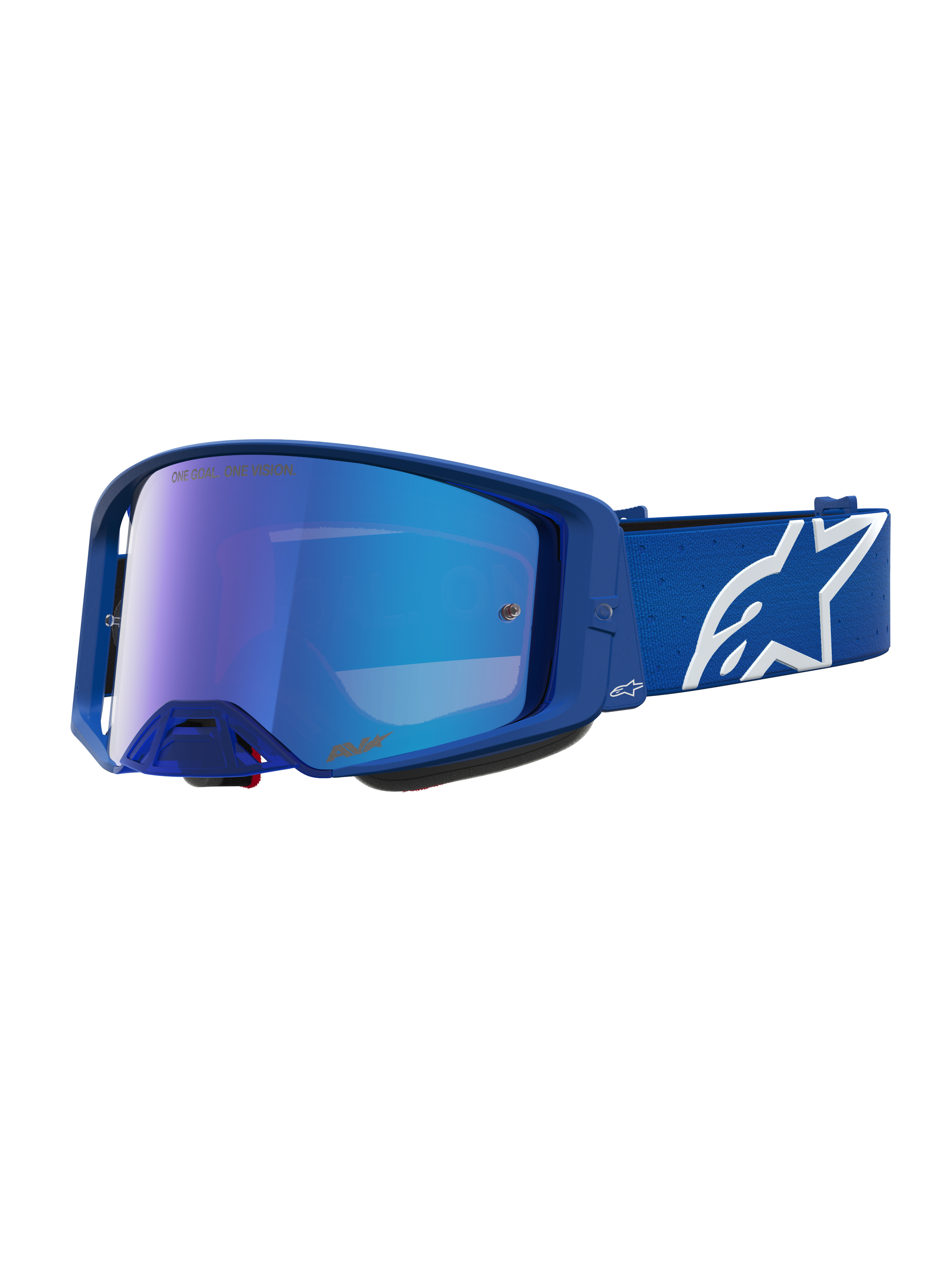 Alpinestars Maschere Supertech Vesta, maschere da motocross blu e bianche con lente blu specchiata e cinturino regolabile.