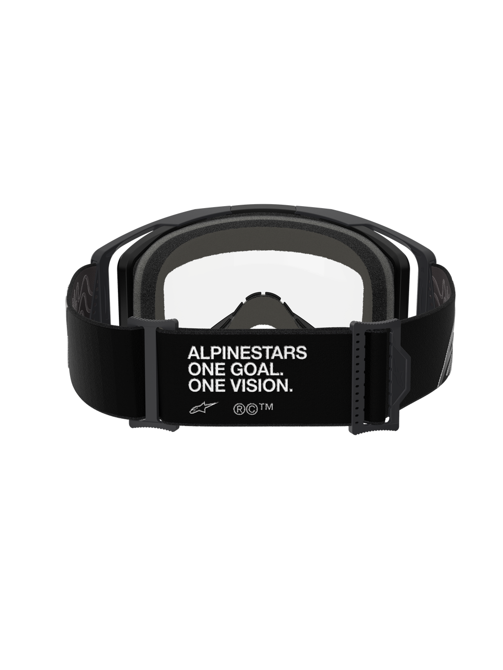 Maschere Alpinestars Vision 8 Corp, Nero Trasparente, vista posteriore con cinturino regolabile nero e scritta bianca "ALPINESTARS ONE GOAL. ONE VISION.", schiuma facciale multistrato grigia e lente in policarbonato trasparente, occhiali da motocross ad alte prestazioni