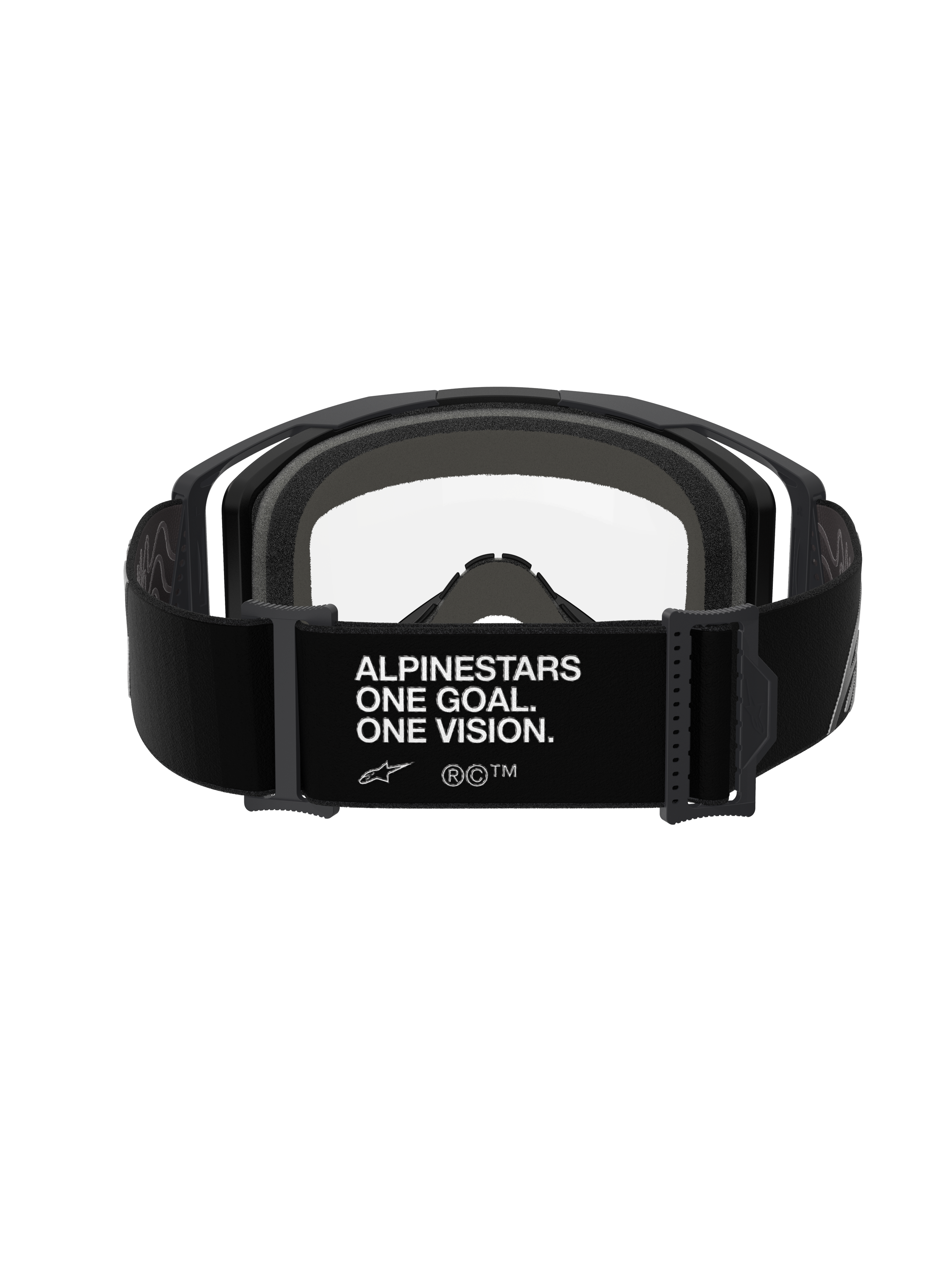 Maschere Alpinestars Vision 8 Corp, Nero Trasparente, vista posteriore con cinturino regolabile nero e scritta bianca "ALPINESTARS ONE GOAL. ONE VISION.", schiuma facciale multistrato grigia e lente in policarbonato trasparente, occhiali da motocross ad alte prestazioni
