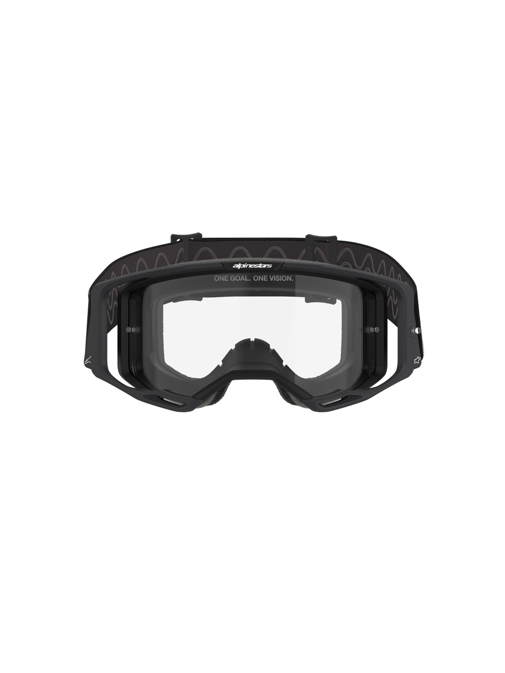 Maschere Alpinestars Vision 8 Corp, maschere da motocross, montatura nera con lente trasparente, vista frontale che mostra il design a visione ampia, supporti laterali integrati e fascia tessuta con marchio Alpinestars, protezione oculare professionale per corse fuoristrada