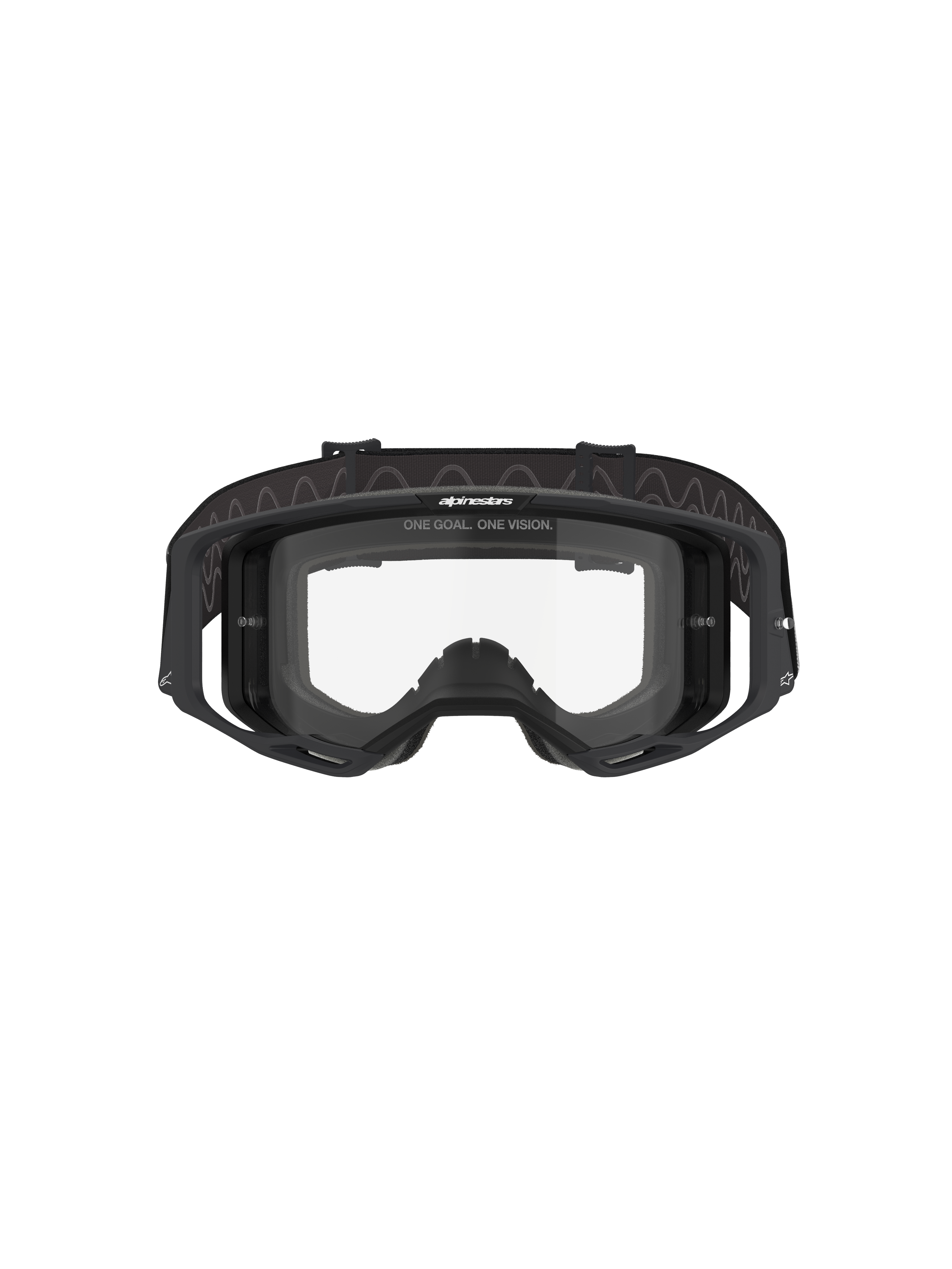 Maschere Alpinestars Vision 8 Corp, maschere da motocross, montatura nera con lente trasparente, vista frontale che mostra il design a visione ampia, supporti laterali integrati e fascia tessuta con marchio Alpinestars, protezione oculare professionale per corse fuoristrada