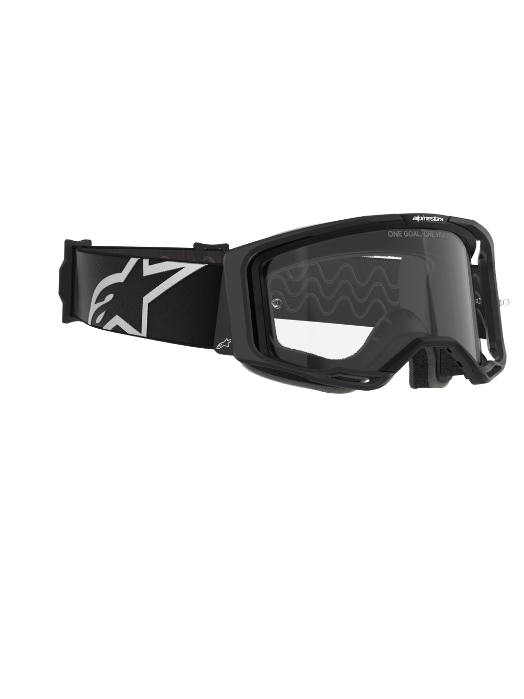 Alpinestars Vision 8 Corp Goggles, maschera da motocross, montatura nera con lente trasparente, ampio cinturino nero intrecciato con logo A-star bianco, occhiale protettivo trasparente con scritta 'ONE GOAL. ONE VISION.', design racing professionale per prestazioni fuoristrada