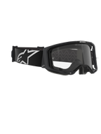 Alpinestars Vision 8 Corp Goggles, maschera da motocross, montatura nera con lente trasparente, ampio cinturino nero intrecciato con logo A-star bianco, occhiale protettivo trasparente con scritta 'ONE GOAL. ONE VISION.', design racing professionale per prestazioni fuoristrada