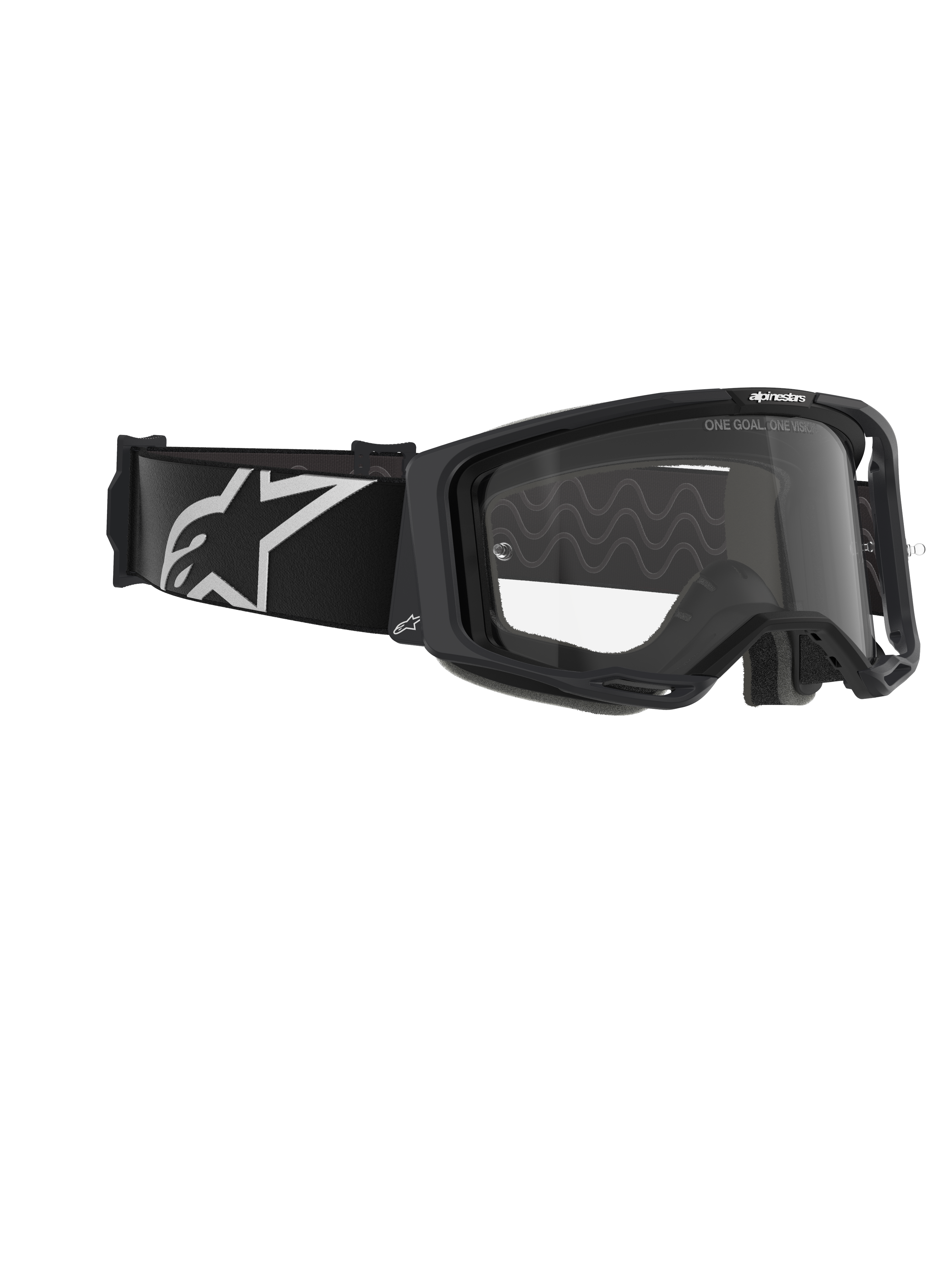 Alpinestars Vision 8 Corp Goggles, maschera da motocross, montatura nera con lente trasparente, ampio cinturino nero intrecciato con logo A-star bianco, occhiale protettivo trasparente con scritta 'ONE GOAL. ONE VISION.', design racing professionale per prestazioni fuoristrada