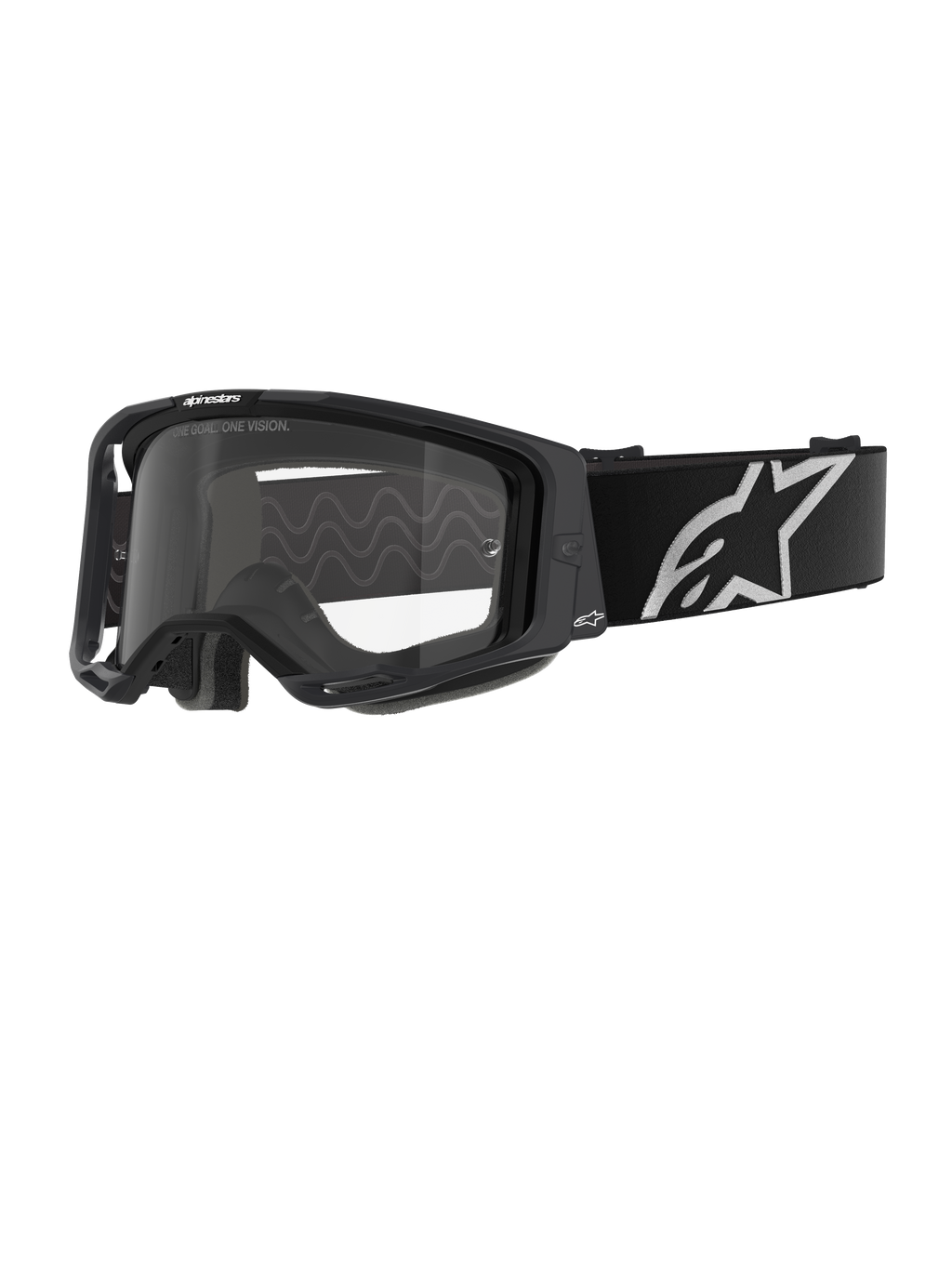 Alpinestars Vision 8 Corp Goggles, maschere da motocross, montatura nera con lente trasparente, ampia fascia nera regolabile con prominente logo a stella Alpinestars bianco, imbottitura facciale sagomata in 3D visibile, protezione oculare professionale per competizioni fuoristrada