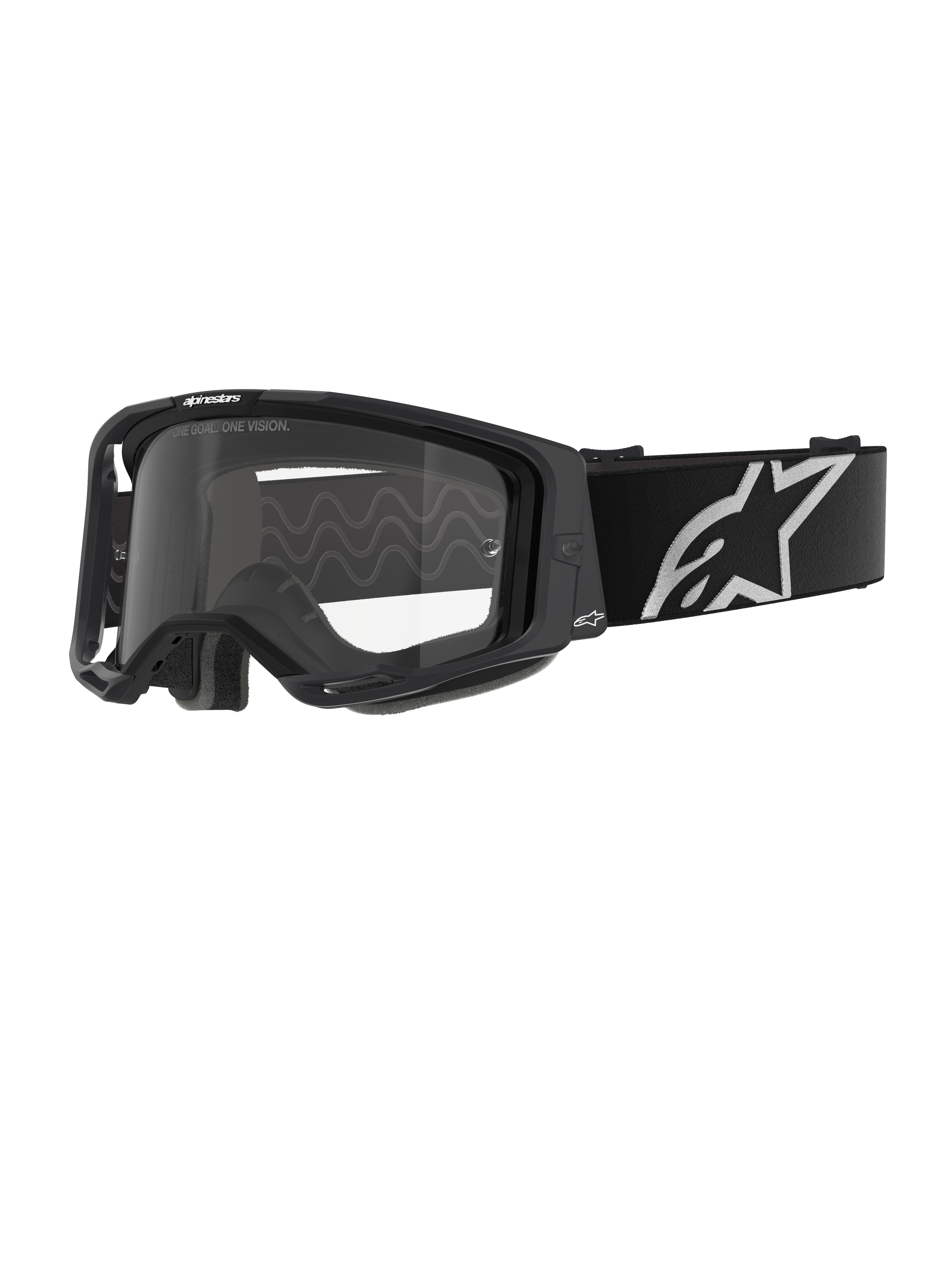 Alpinestars Vision 8 Corp Goggles, maschere da motocross, montatura nera con lente trasparente, ampia fascia nera regolabile con prominente logo a stella Alpinestars bianco, imbottitura facciale sagomata in 3D visibile, protezione oculare professionale per competizioni fuoristrada